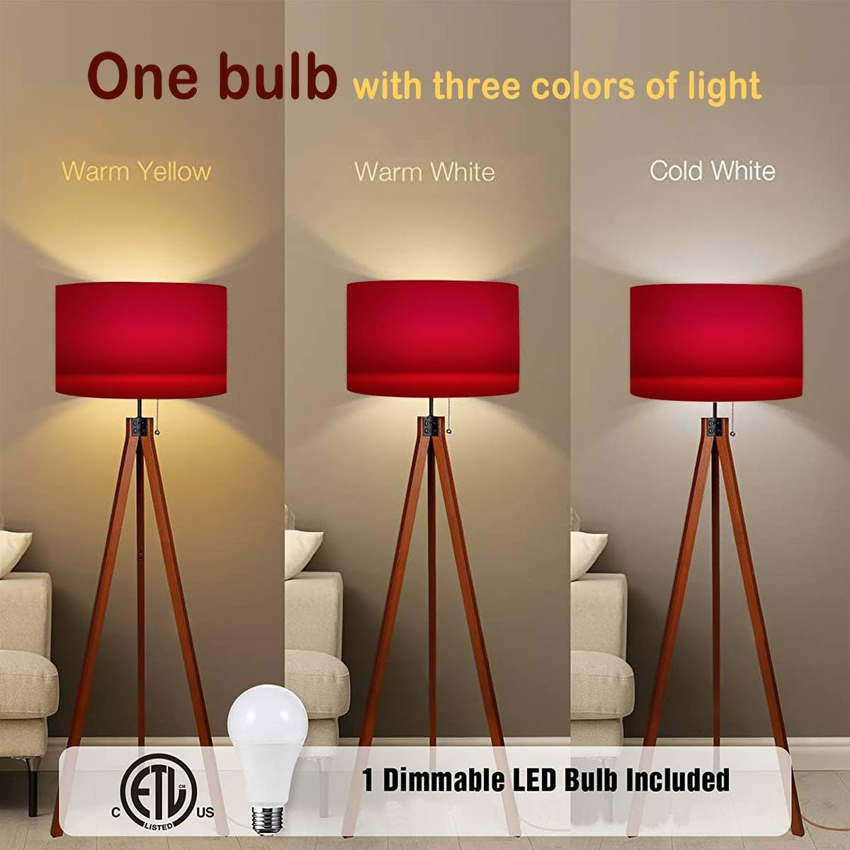 Modern Red Wood Tripod Floor Lamp with Linen Lampshade - Dimmable Tall Standing Light for Living Room, Bedroom, Office | Mid-Century Style Home Decor Lighting for Reading Nook, Lounge & Workspace