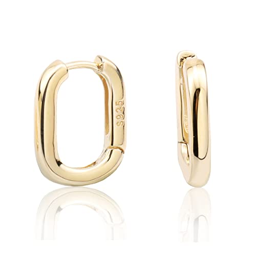 925 Sterling Silver Small Huggie Hoop Earrings - Polished Rounded Rectangle Design, Yellow Gold Plated | Minimalist Everyday Jewelry for Women, Perfect for Work, Date Night & Gifts