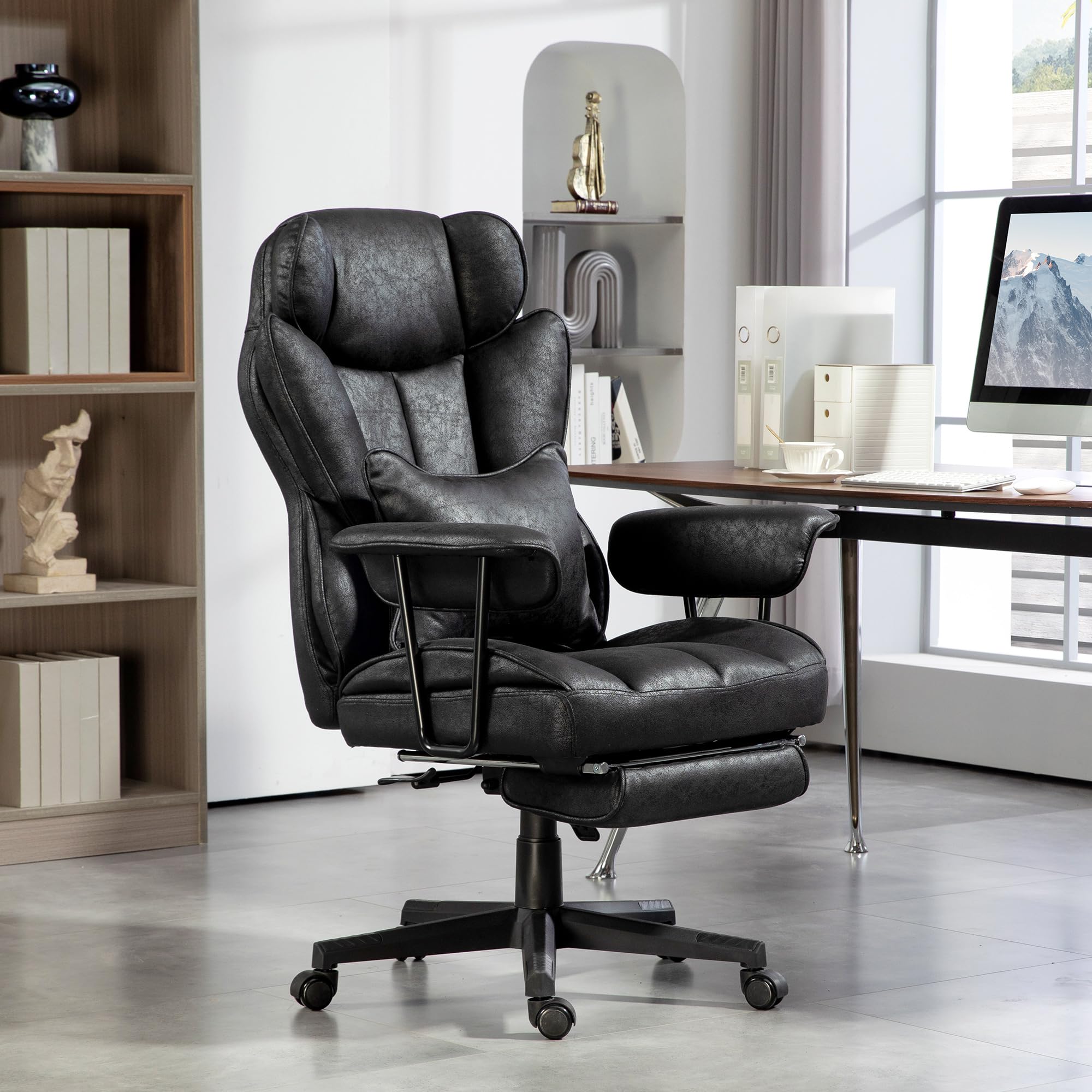 HOMCOM 400LBS Big and Tall Executive Office Chair with Footrest - Ergonomic Reclining Computer Desk Chair with Lumbar Support & Wide Seat - Microfiber Black - Perfect for Home Office, Gaming, and Workspace Comfort