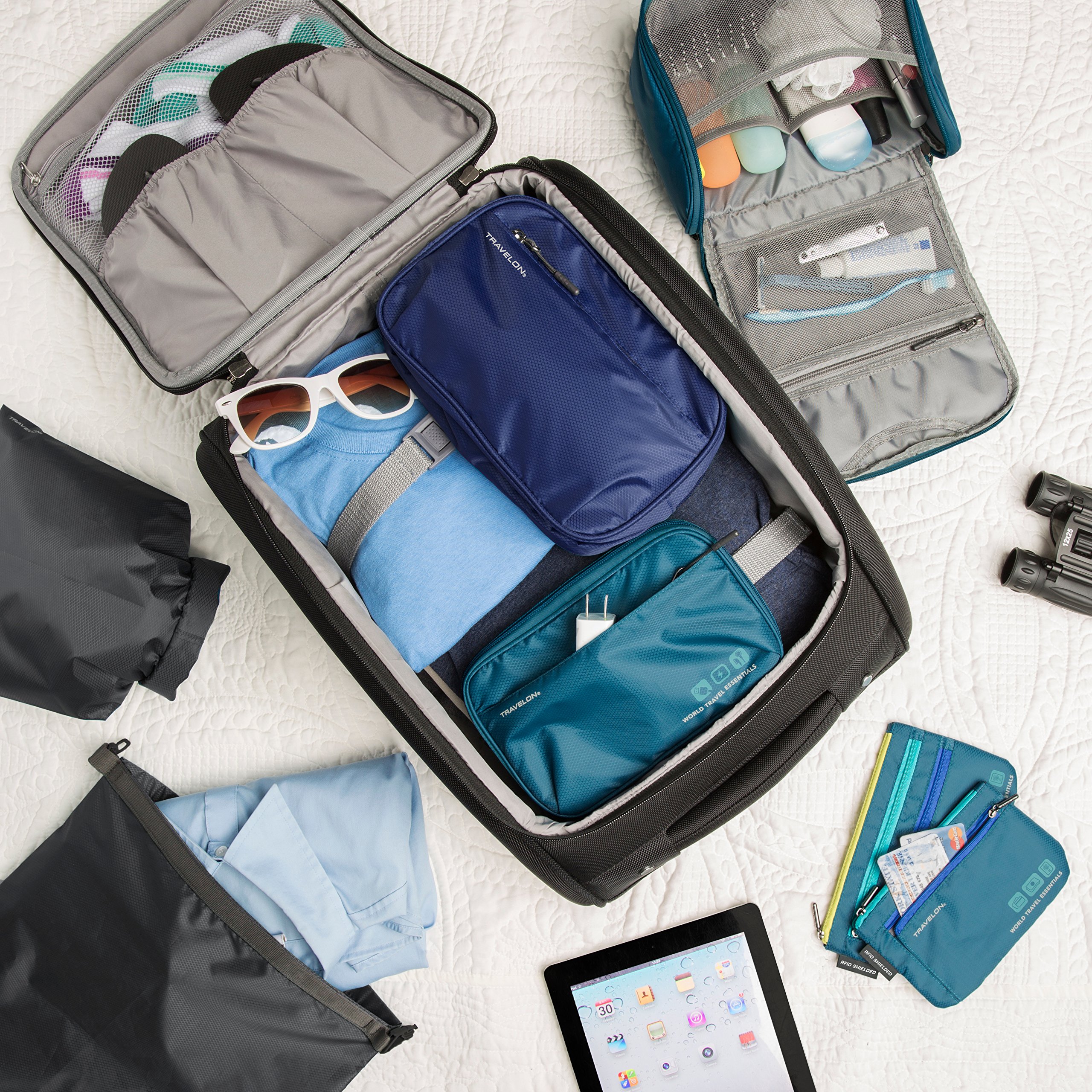 Travelon World Travel Essentials Tech Organizer - Peacock Teal Electronic Accessories Case for Laptop, Tablet & Phone | Perfect for Business Trips, Vacations & Commuting