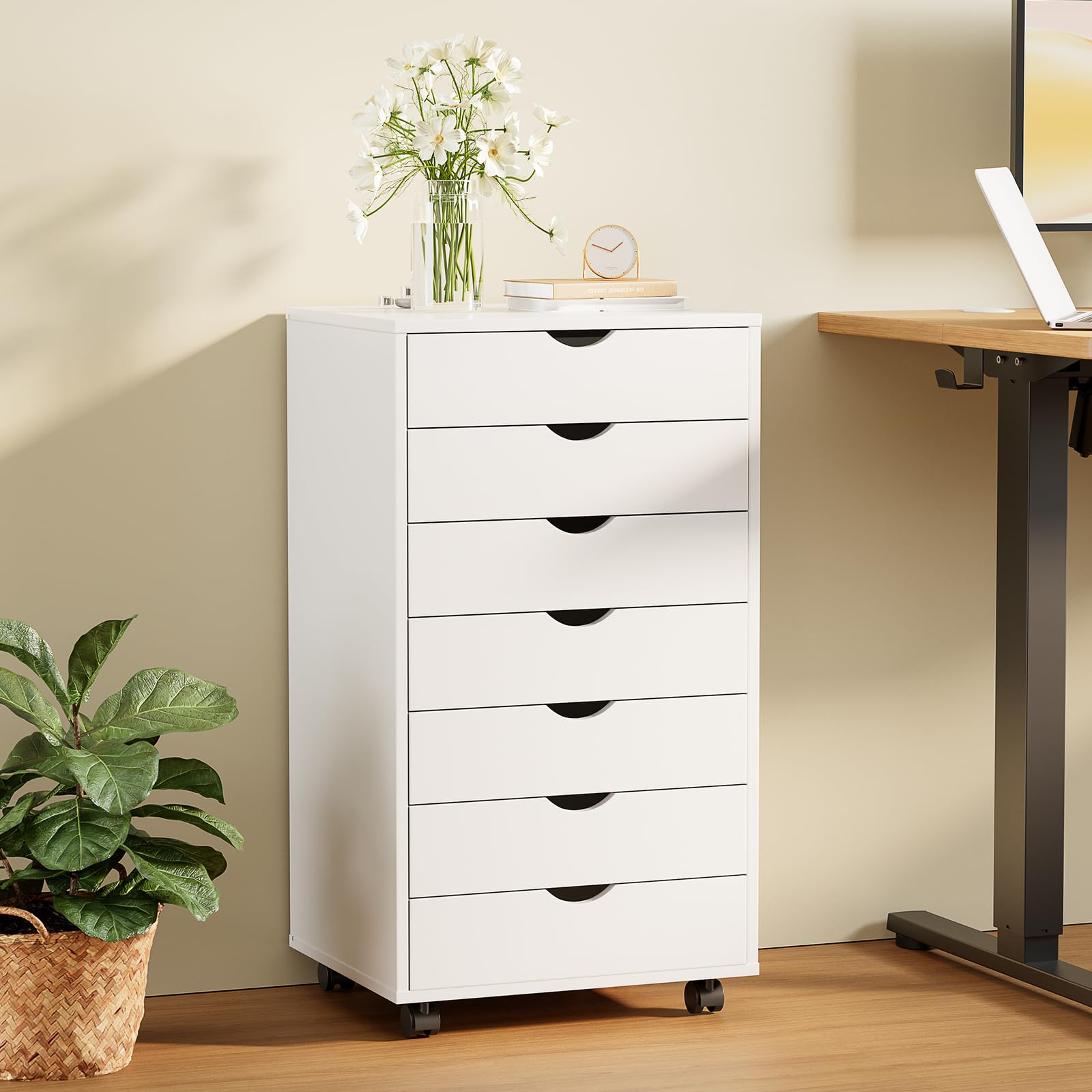 7-Drawer Wooden File Cabinet with Lockable Wheels - Mobile Printer Stand & Under Desk Storage Dresser for Home Office, Study, or Dorm Room Organization - White Office Furniture