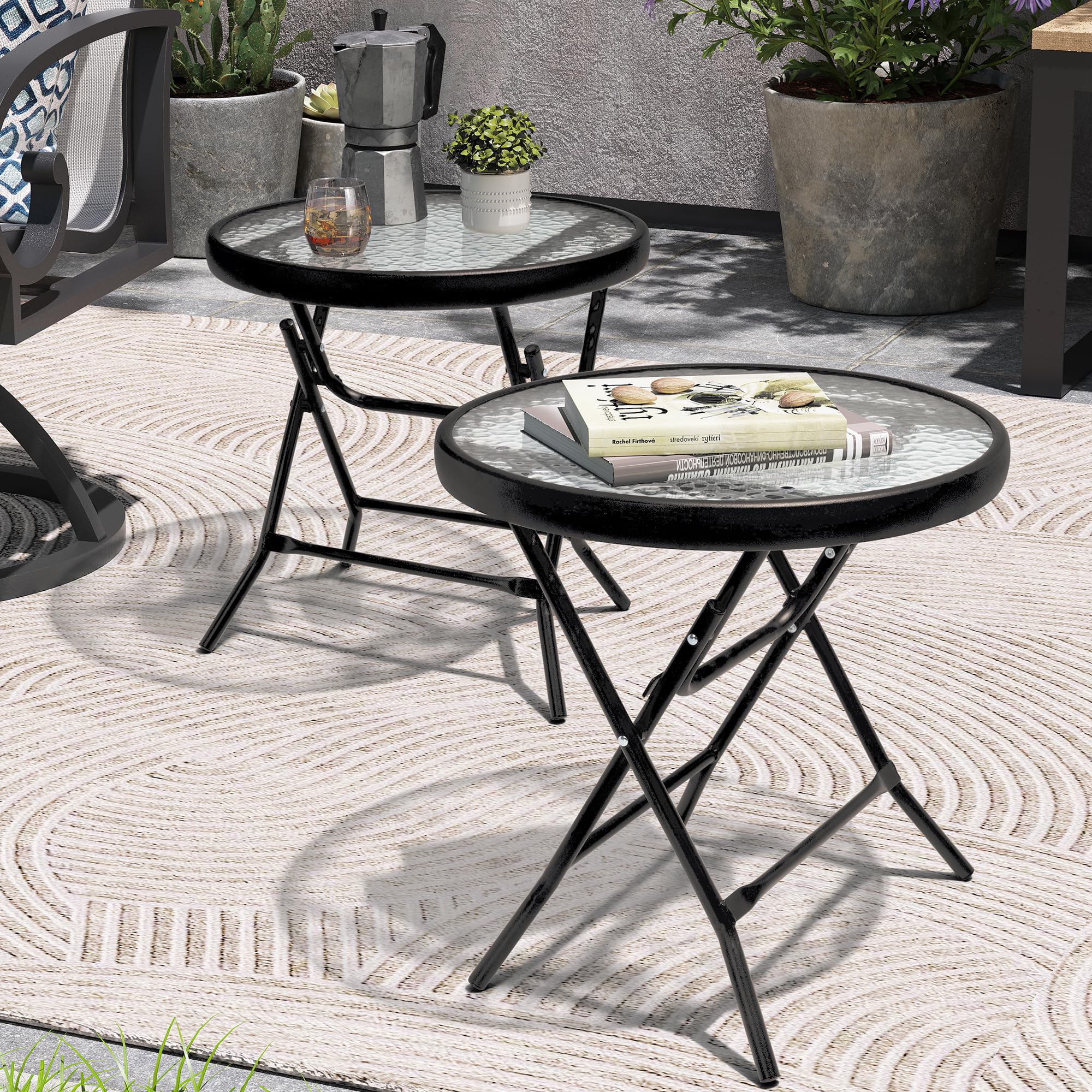 Foldable Side Table Set of 2 - 18 Inch Outdoor Folding Side Tables with Tempered Glass Top - Black Patio Furniture for Porch, Yard, Balcony, Deck, Lawn, Dining & Garden - Perfect for Outdoor Entertaining, Poolside Relaxation & Small Space Living
