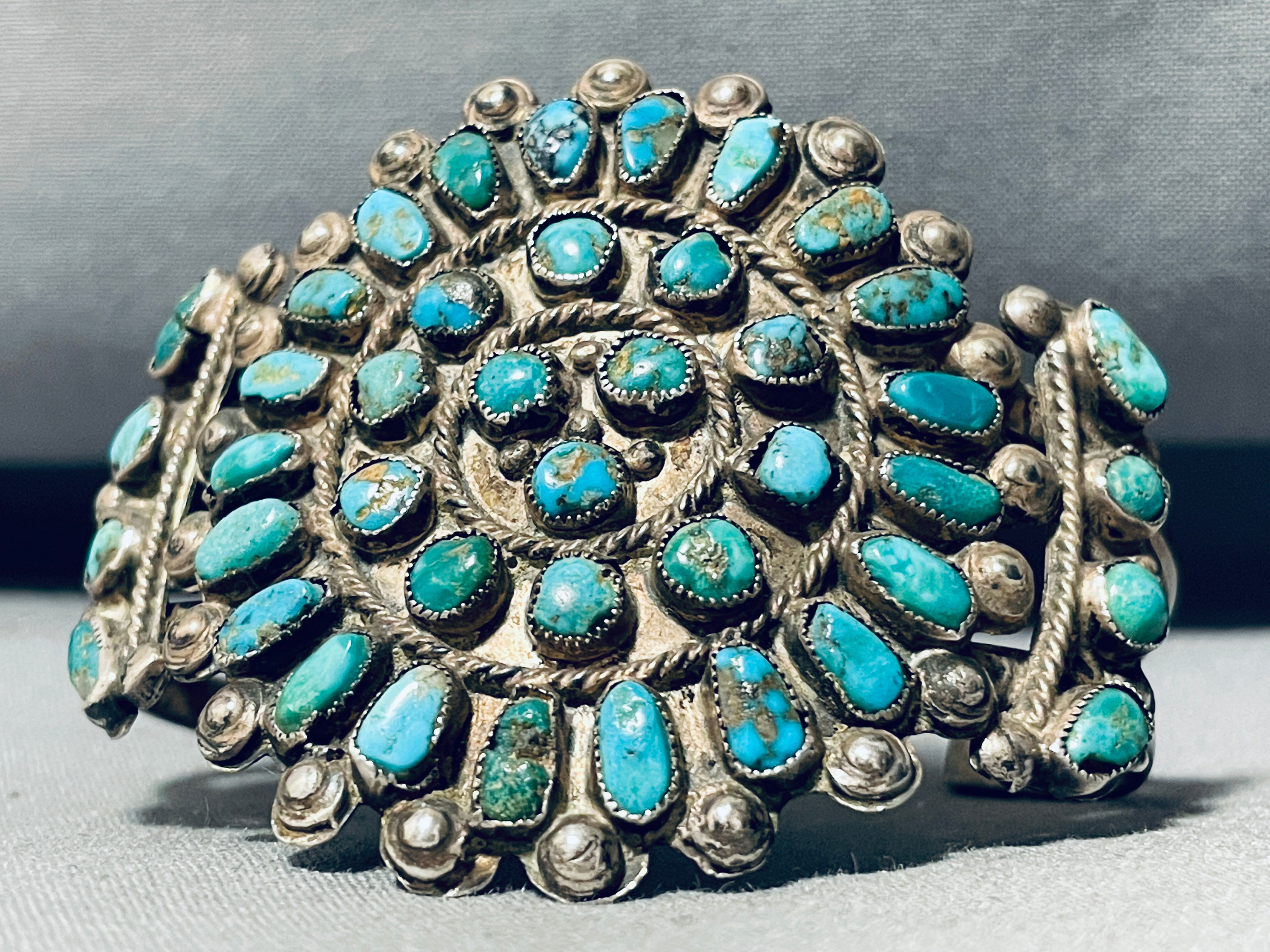 Vintage 1940s Navajo Native American Turquoise Sterling Silver Cluster Bracelet - Handmade Southwest Jewelry for Women, Boho Fashion & Tribal Style Accessories
