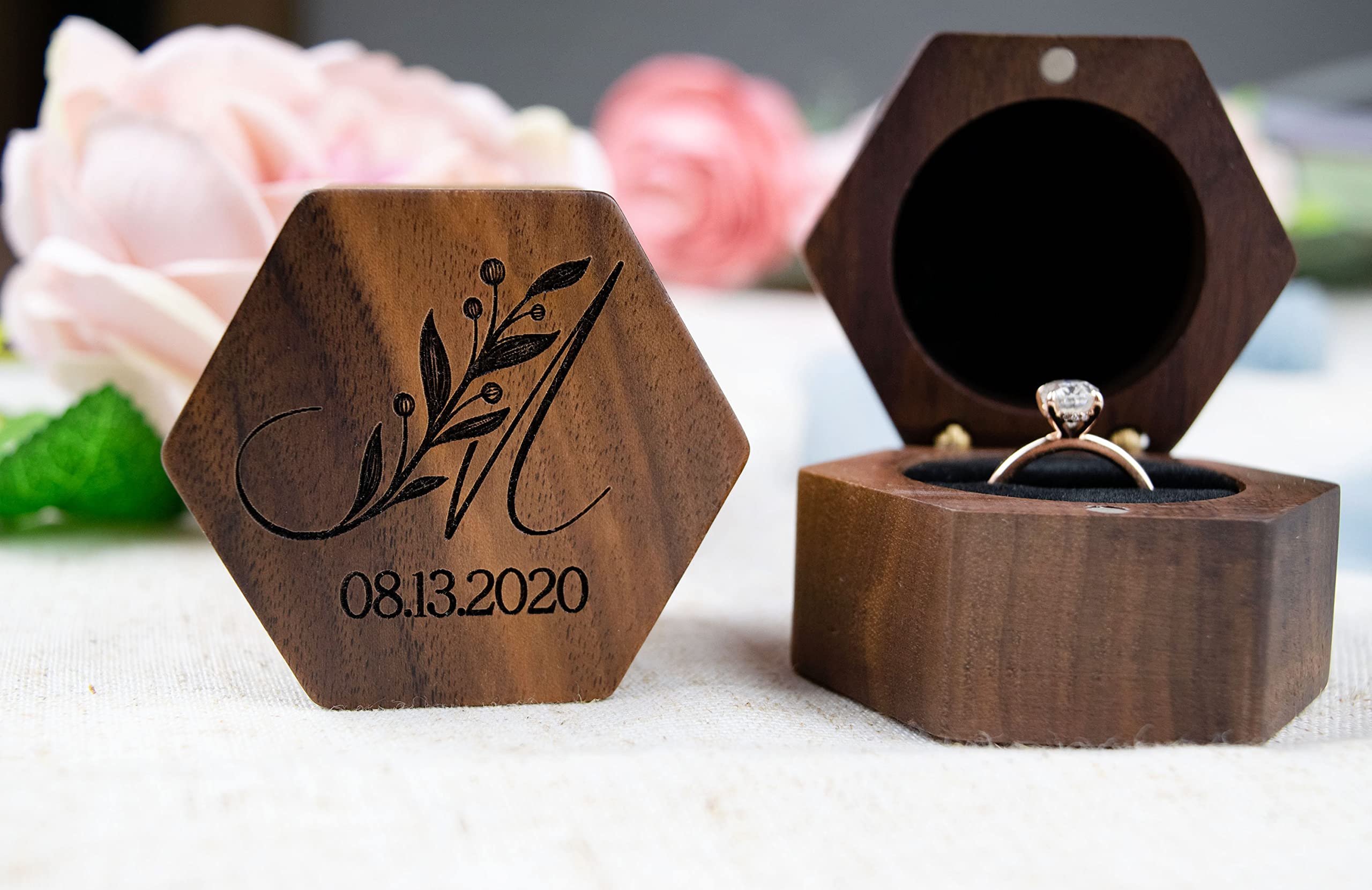 Custom Walnut Engagement Ring Box for Proposal - Personalized Wedding Ring Box for Her - Handcrafted Wooden Jewelry Gift Box - Perfect for Surprise Proposals & Romantic Moments