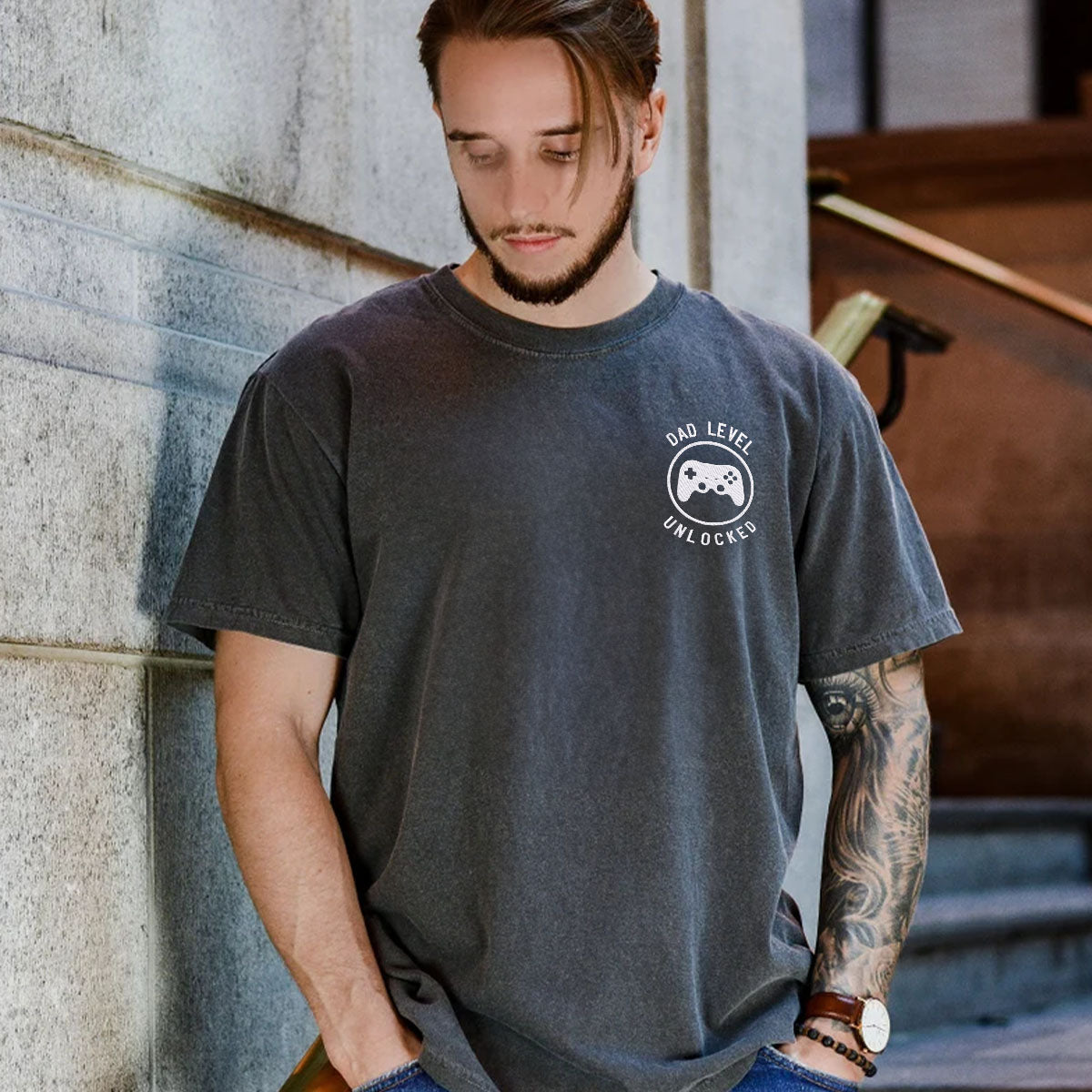 Comfort Color® Embroidered Dad Level Unlocked T-Shirt - Soft Cotton Casual Tee for Fathers Day, Family Outings & Relaxing at Home