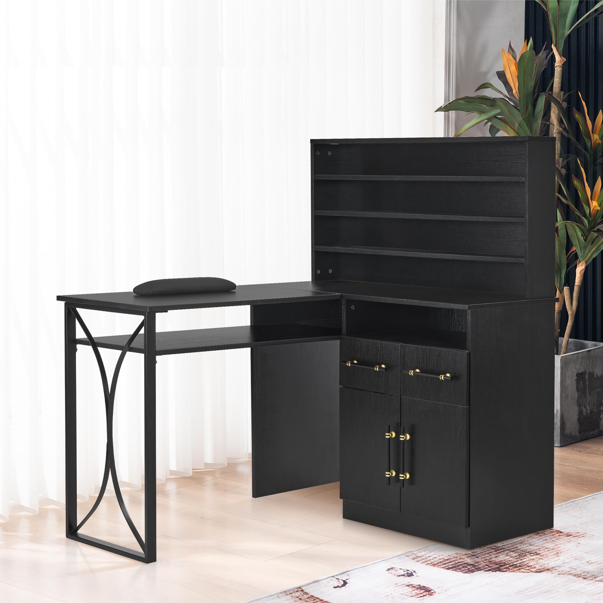 Professional L-Shaped Nail Desk with Storage Drawers & Cabinets - BarberPub Manicure Workstation for Salon & Home Use - Efficient Organization Nail Table 2833 (Black) - Perfect for Nail Technicians & Beauty Professionals