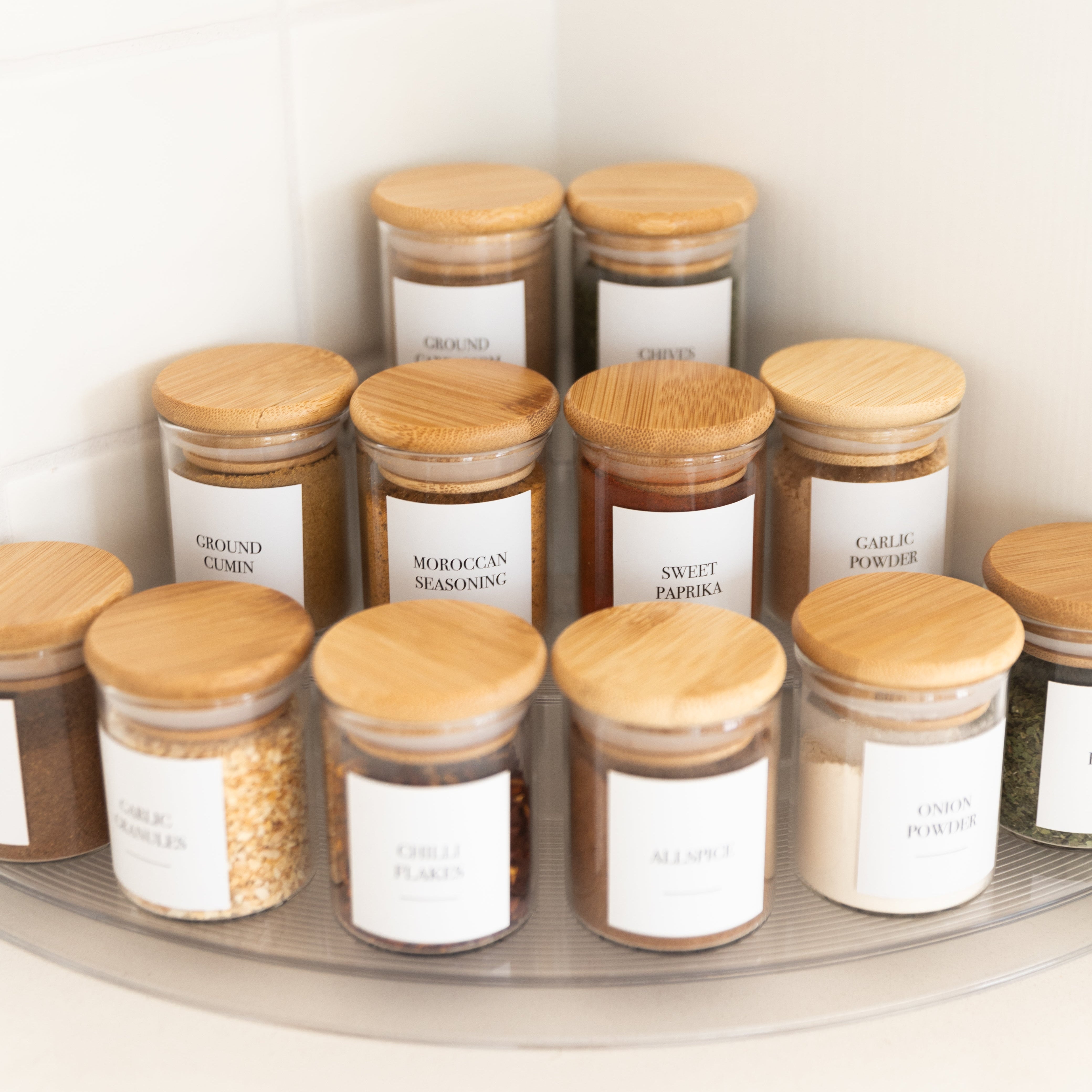 Clear 3-Tier Corner Spice Rack Organizer with 12x 75ml Glass Jars - Space-Saving Kitchen Storage for Spices, Herbs & Seasonings - Perfect for Small Kitchens, Pantries & Countertop Organization