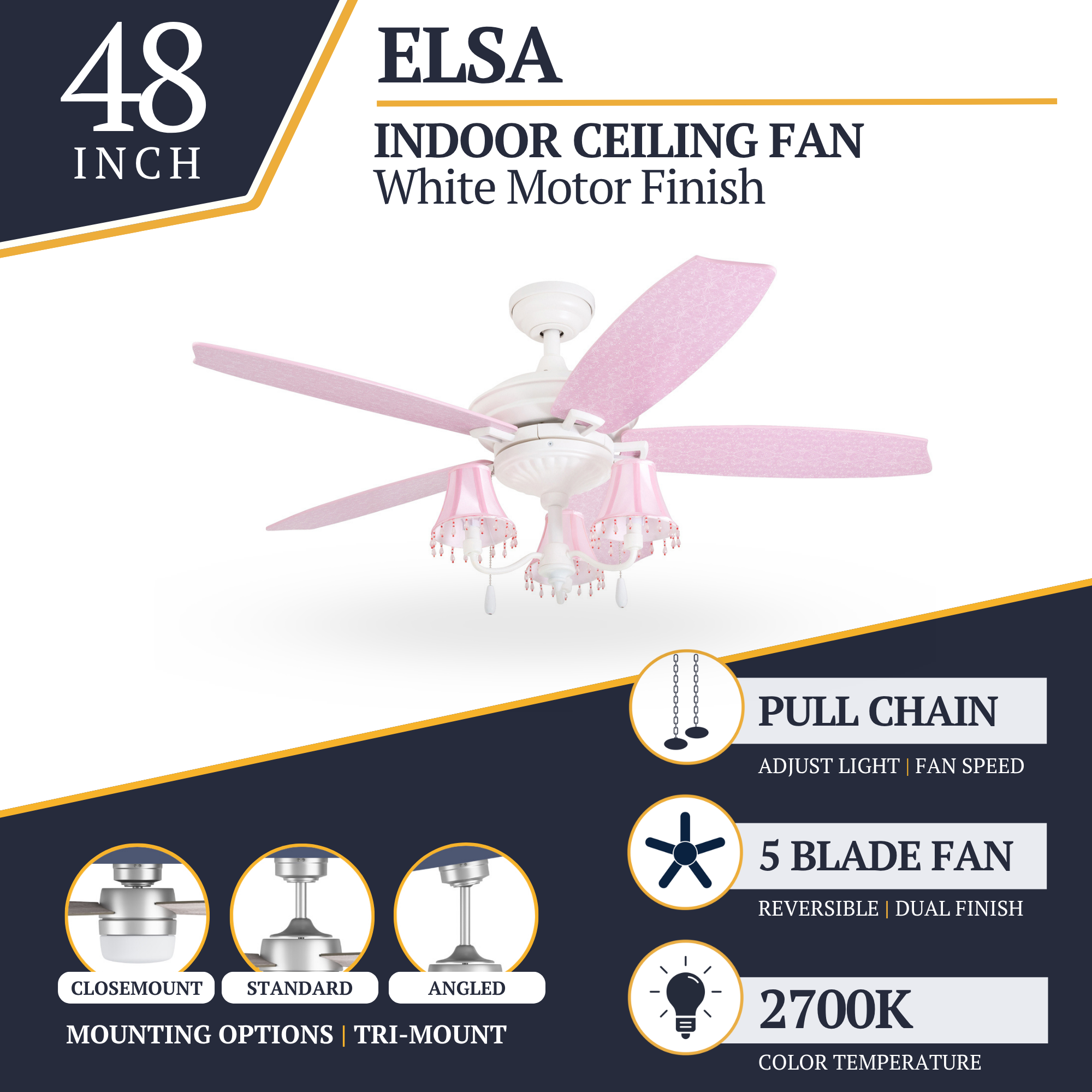 48 Inch Elsa Ceiling Fan with Pull Chain - White & Pink Finish - Perfect for Bedroom, Living Room, and Nursery Cooling