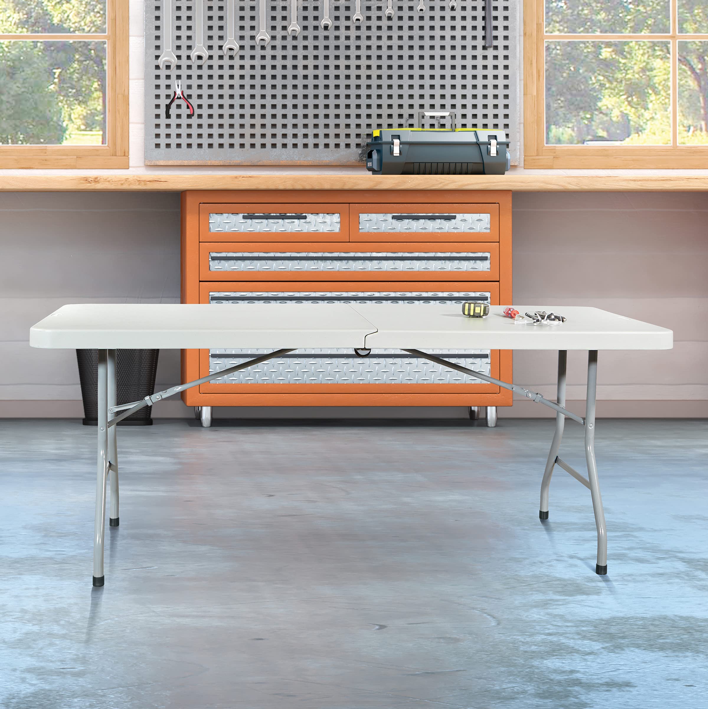 Office Star 6-Ft Resin Folding Table with Wheels - Light Gray Rectangle Multipurpose Table for Office, Events, and Home Use