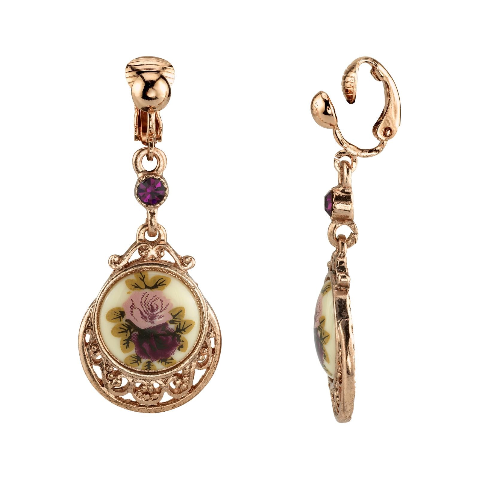 1928 Jewelry Manor House Rose Purple Crystal Flower Clip-On Drop Earrings – Vintage Style Dangle Earrings for Women, Perfect for Weddings, Parties & Special Occasions