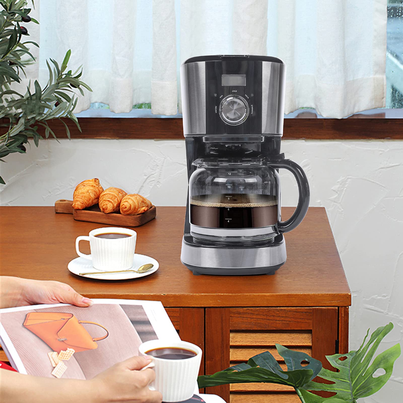 Programmable 12-Cup Coffee Maker with Reusable Filter - Adjustable Brew Strength & Auto Keep Warm Function - Perfect for Home, Office, and Breakfast Nook Use