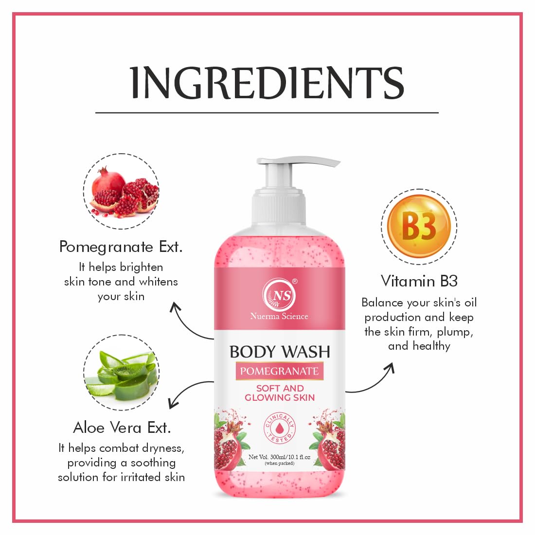 Nuerma Science Brightening Pomegranate Body Wash - 100% Natural Shower Gel for Glowing Skin | Soothing, Moisturizing & Hydrating Body Cleanser | Paraben & Sulfate Free, Vegan (300ml) | Perfect for Daily Use & Spa-Like Experience at Home