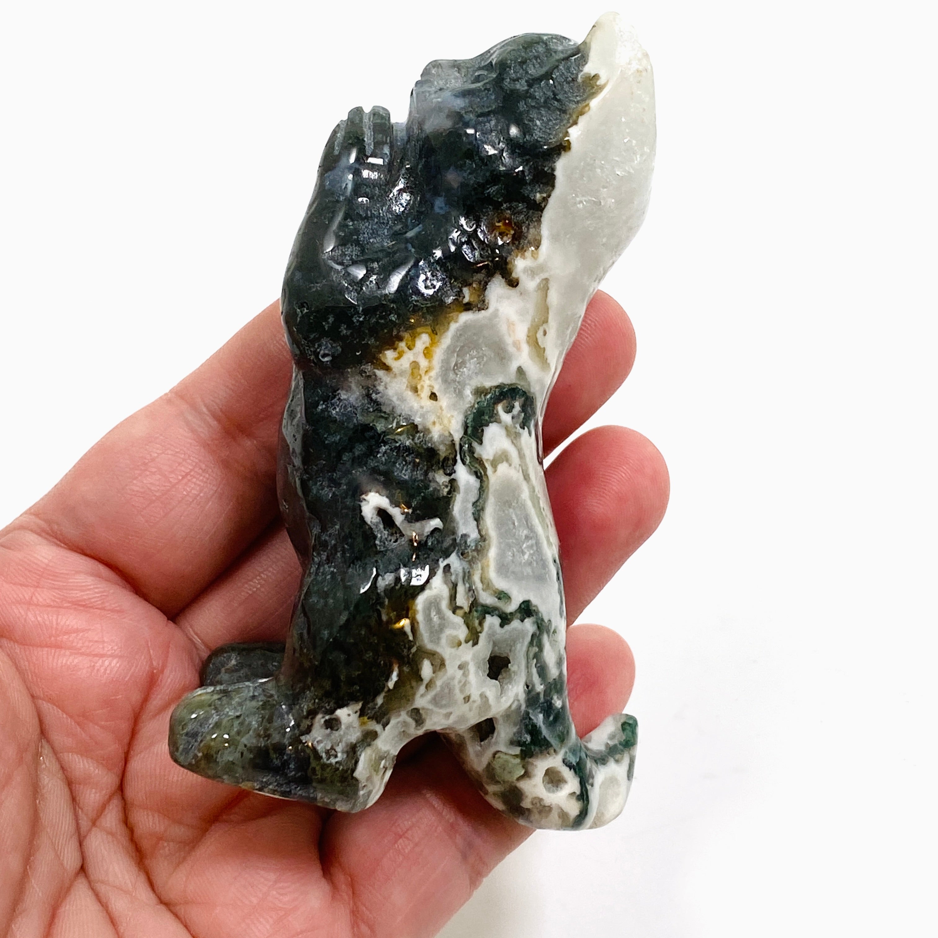 Handcrafted Moss Agate Cat Carving MAC 03 - Unique Gemstone Home Decor for Cat Lovers | Perfect for Bookshelf Display, Feng Shui Decor & Gift Giving
