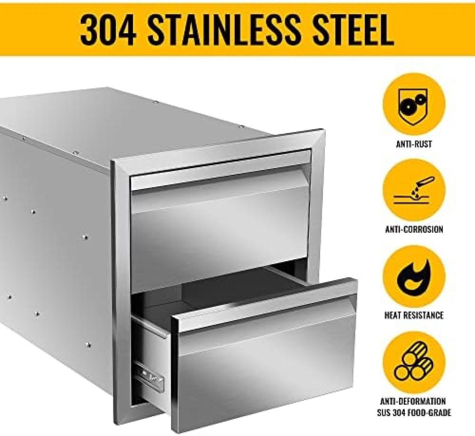 Stainless Steel Outdoor Kitchen Drawers - 14W x 15H x 23D Inch Flush Mount BBQ Storage Drawers for Grill Station & Patio Island - Double Layer Access Organization for Utensils, Spices & BBQ Tools - Perfect for Backyard Entertaining & Outdoor Cooking