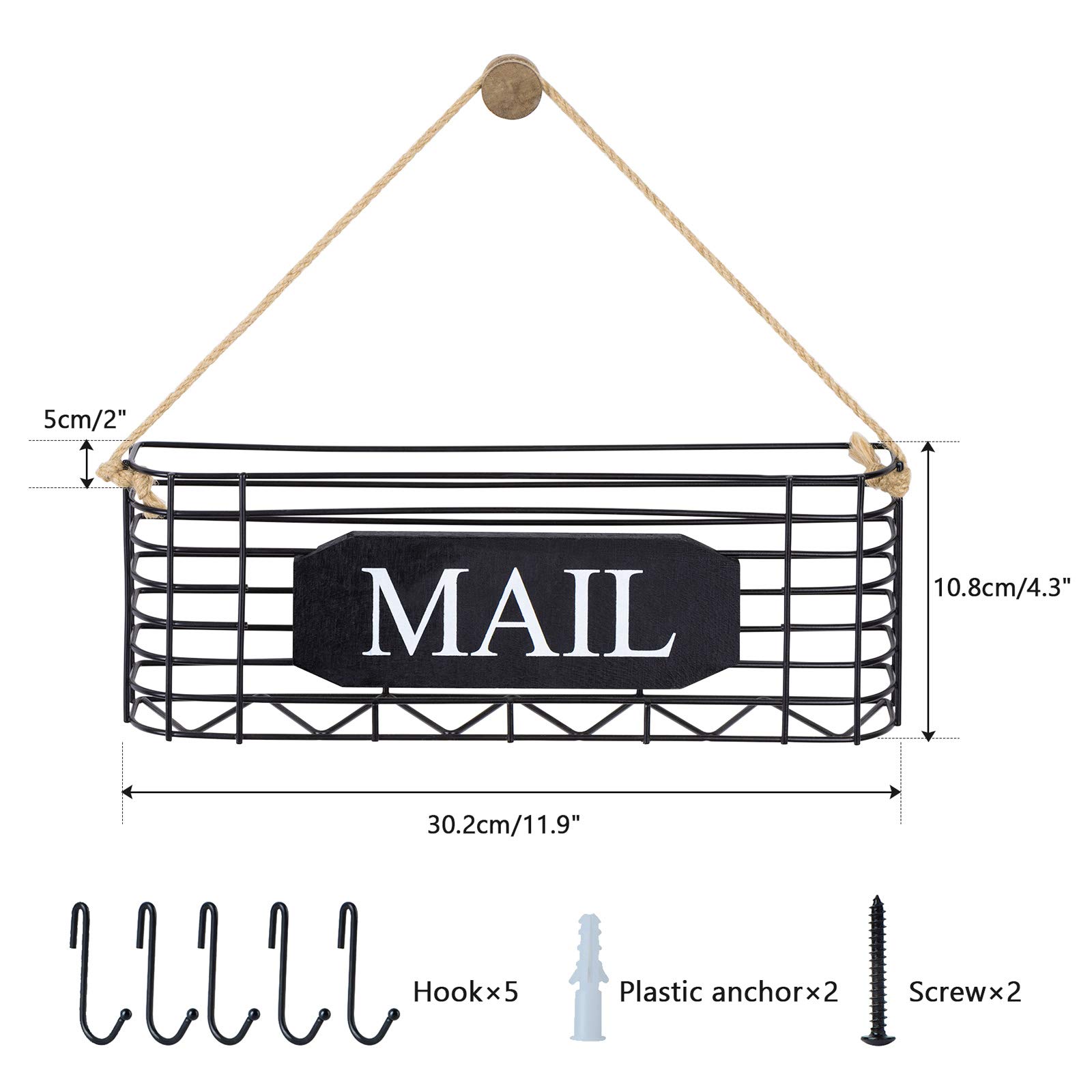 Rustic Wall Mounted Mail and Key Holder with 5 Hooks - Large Black Mail Organizer for Entryway, Home Office & Farmhouse Decor