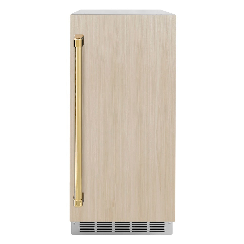 ZLINE Autograph Edition 15 Inch Clear Cube Ice Maker with Drain Pump - Panel Ready Door & Polished Gold Handle - Perfect for Home Bars, Kitchens, and Entertaining (ICCDPZ 15 G)
