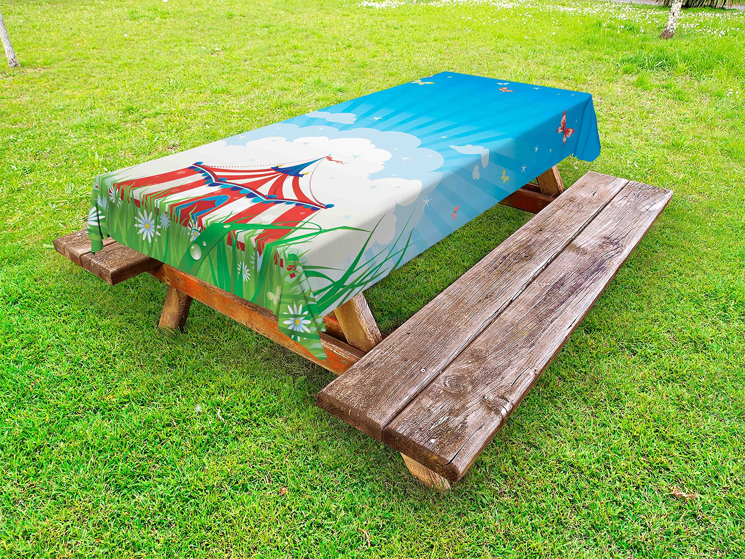 Ambesonne Circus Themed Outdoor Tablecloth - Waterproof Washable Picnic Table Cover with Traveling Circus Tent, Clouds & Butterflies Design - 58