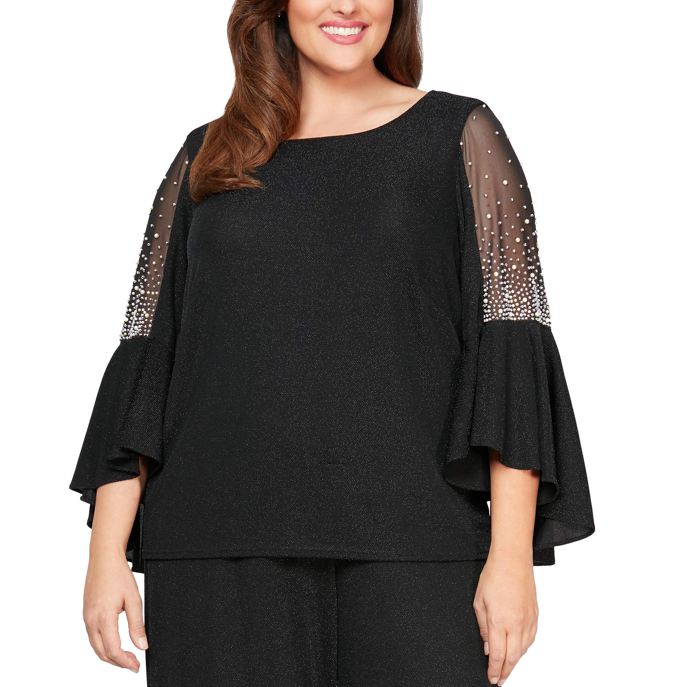 Alex Evenings Women's Plus Size Metallic Knit 3/4 Sleeve Blouse - Elegant Formal Top for Weddings, Parties & Office Wear | Pair with Pants or Skirts