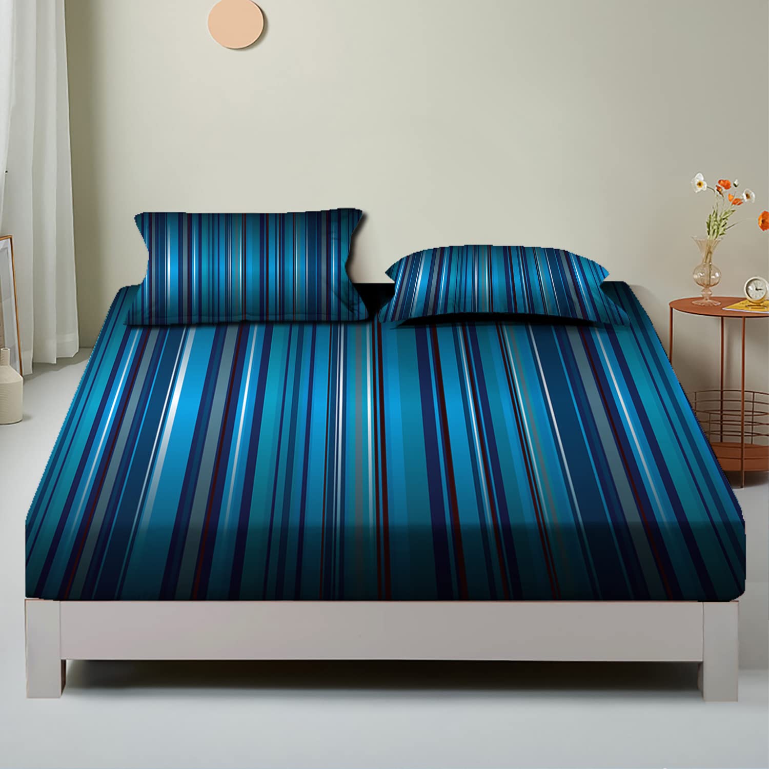 Gradient Blue Stripes Twin/Twin XL Fitted Bed Sheets - Ultra Soft & Breathable 2-Piece Bedding Set - Perfect Fit for Mattress - Navy Blue Decorative Printed Sheets for Cozy Bedroom Decor | Ideal for Dorm Rooms, Guest Bedrooms & Modern Home Styling