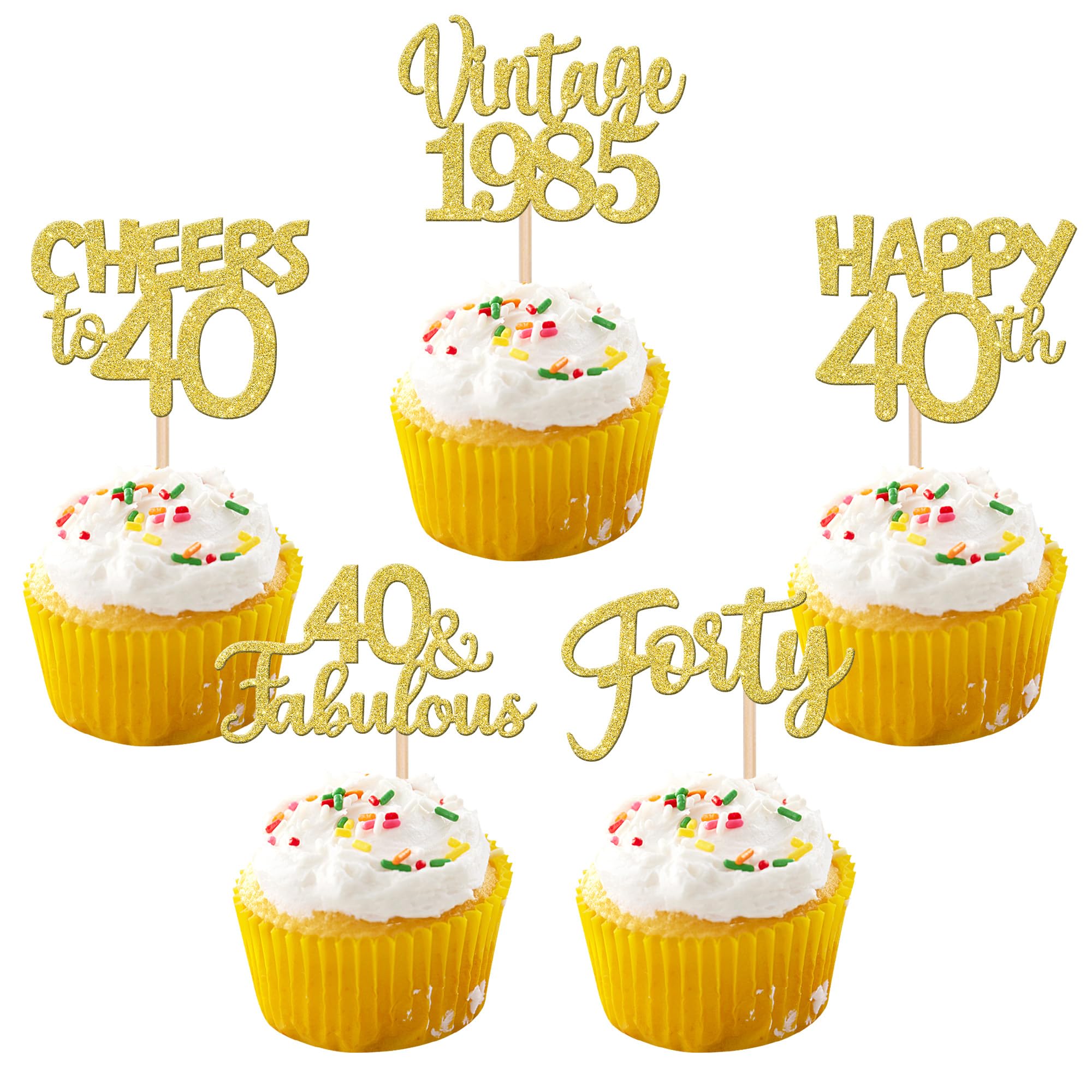 30PCS Vintage 1985 Glitter Cupcake Toppers - Happy 40th Birthday, 40 Fabulous Cupcake Picks, Cheers to 40 Years - Gold Cake Decorations for 40th Birthday Party, Wedding Anniversary & Celebration Supplies - Perfect for Milestone Birthdays, Retirement Parties & Special Occasions