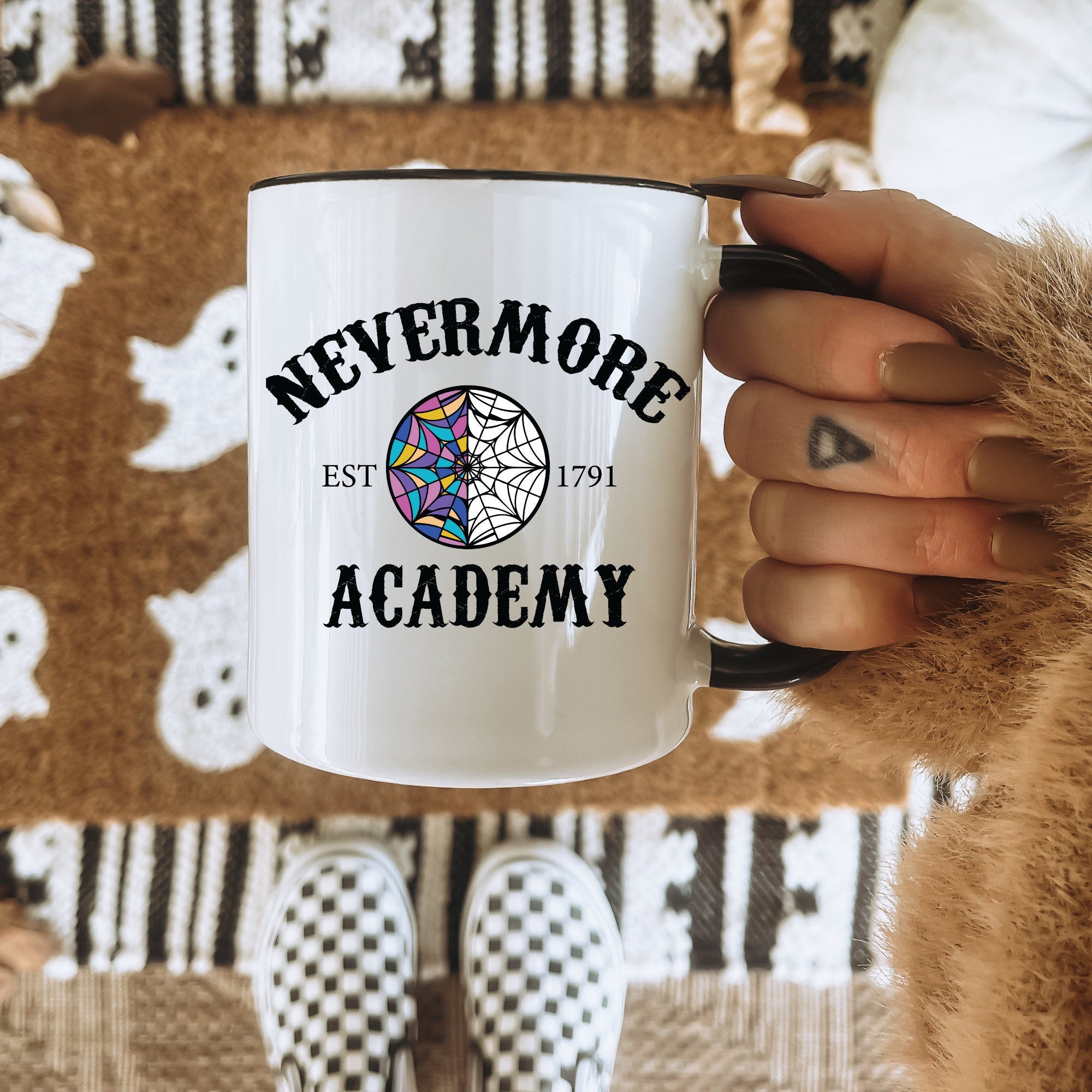 Nevermore Academy Mug - Wednesday Addams Inspired Coffee Cup with Raven Design - Perfect for Hot & Cold Drinks, Gifts for Horror Fans & Addams Family Merch Collectors