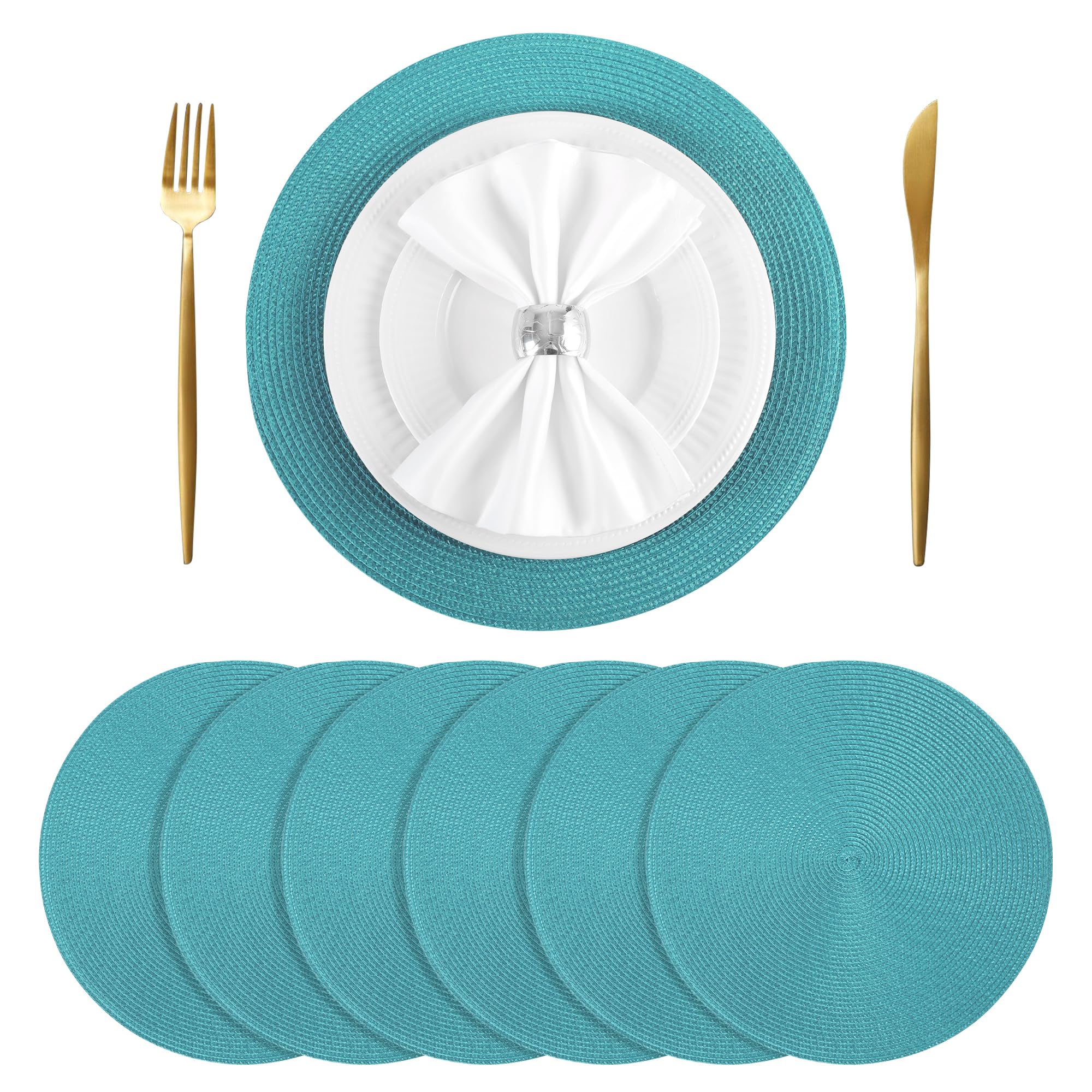 6-Pack Round Woven Placemats for Dining Table | Washable Non-Slip Table Mats | 15-Inch Turquoise Fall Decor | Perfect for Thanksgiving Dinner & Holiday Gatherings