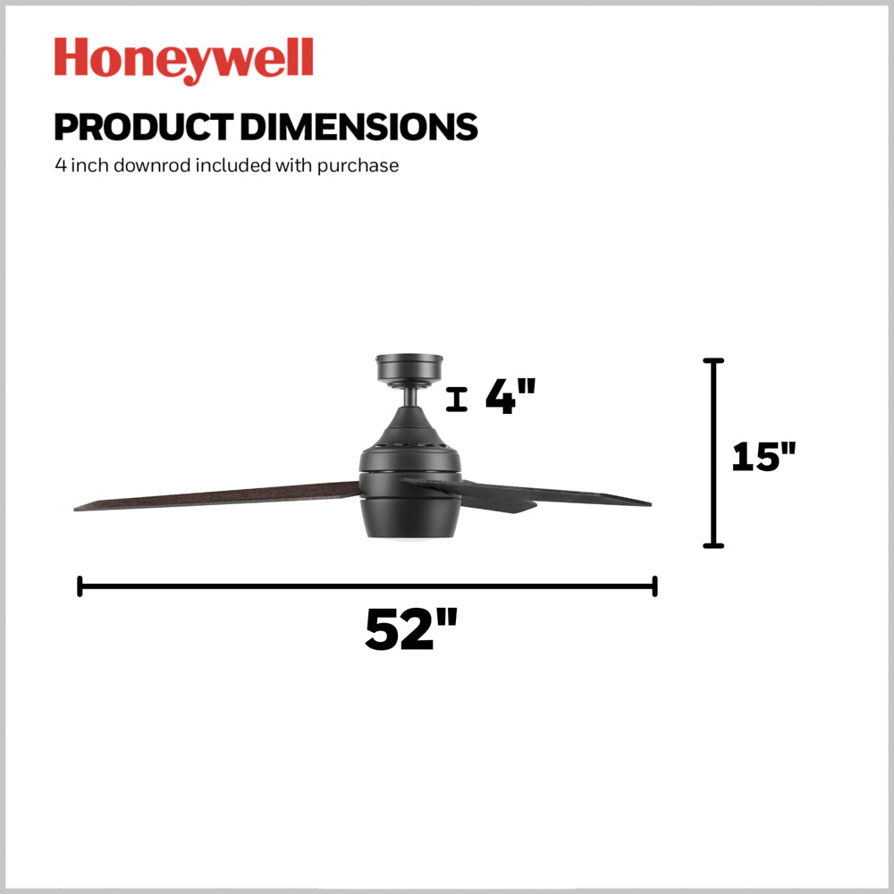 52 Inch Honeywell Eamon Matte Black Ceiling Fan with Light Kit and Remote Control - Quiet DC Motor, Energy Efficient, Perfect for Living Room, Bedroom, and Outdoor Covered Patio