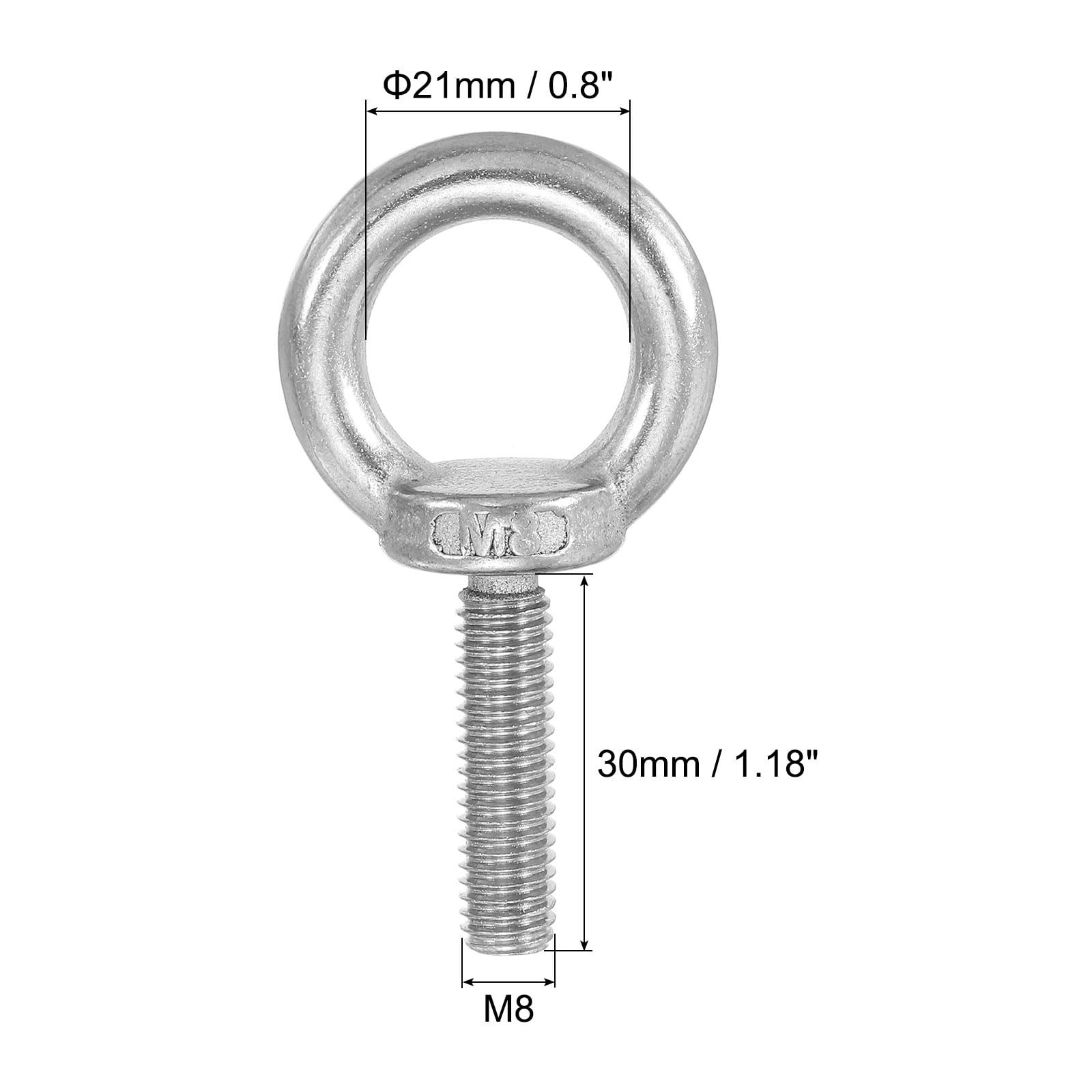5Pcs 304 Stainless Steel M8 x 30mm Lifting Shoulder Eye Bolts with Nuts & Washers - Heavy Duty Threaded Eyebolt for Hanging Hammocks, Swings, Decorative Lights & Outdoor Fixtures - Corrosion Resistant Hardware for Home & Garden Use