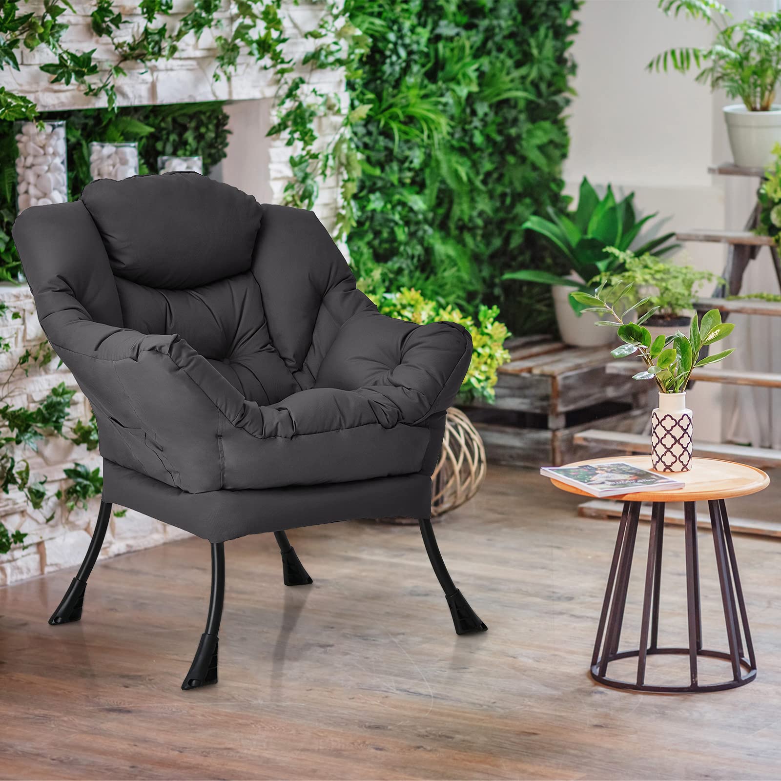 Giantex Modern Lazy Chair - Contemporary Accent Lounge Chair with Polyester Fabric & Sturdy Steel Frame, Upholstered Single Sofa Chair with Armrests & Side Pocket - Perfect for Living Room, Bedroom, Office or Reading Nook (Grey)