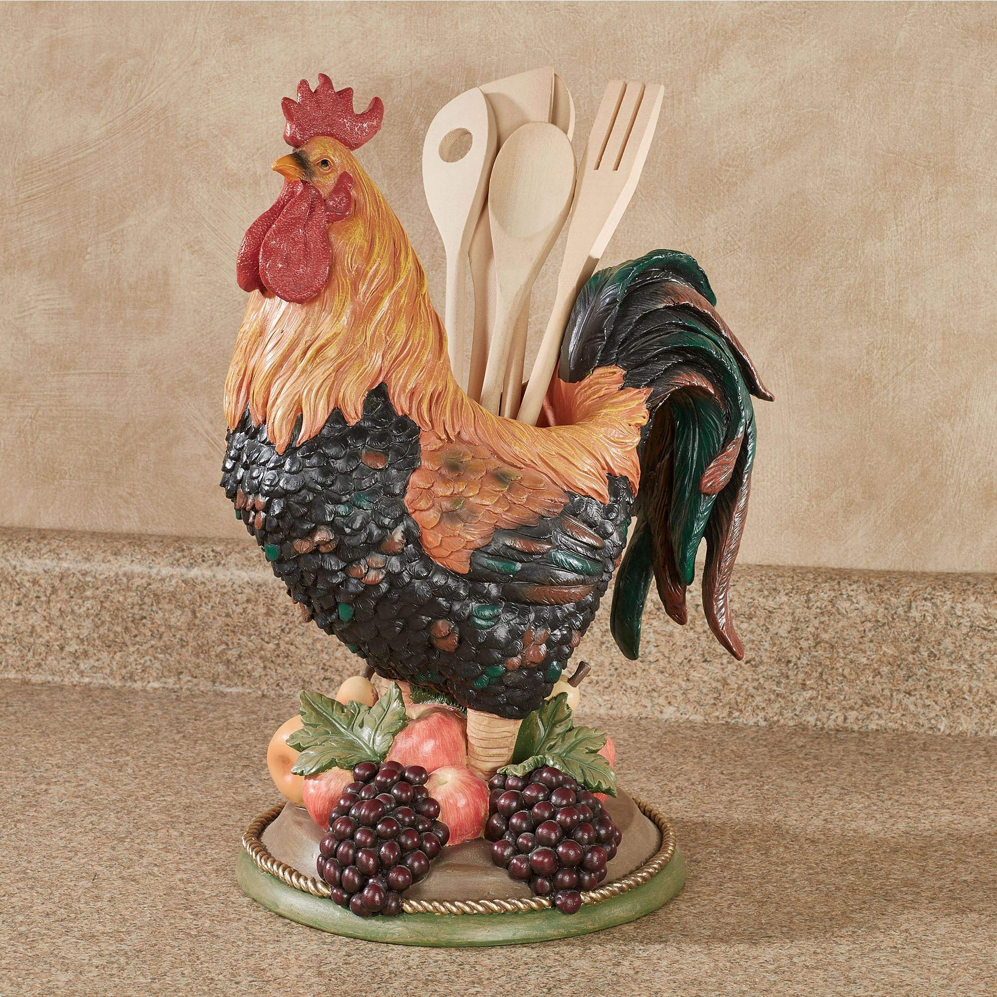 Tuscany Rooster Utensil Holder - Decorative Resin Kitchen Tool Organizer in Red, Purple, Green & Gold - Countertop, Island or Cupboard Storage - Perfect for Farmhouse, Tuscan & Country Kitchen Decor