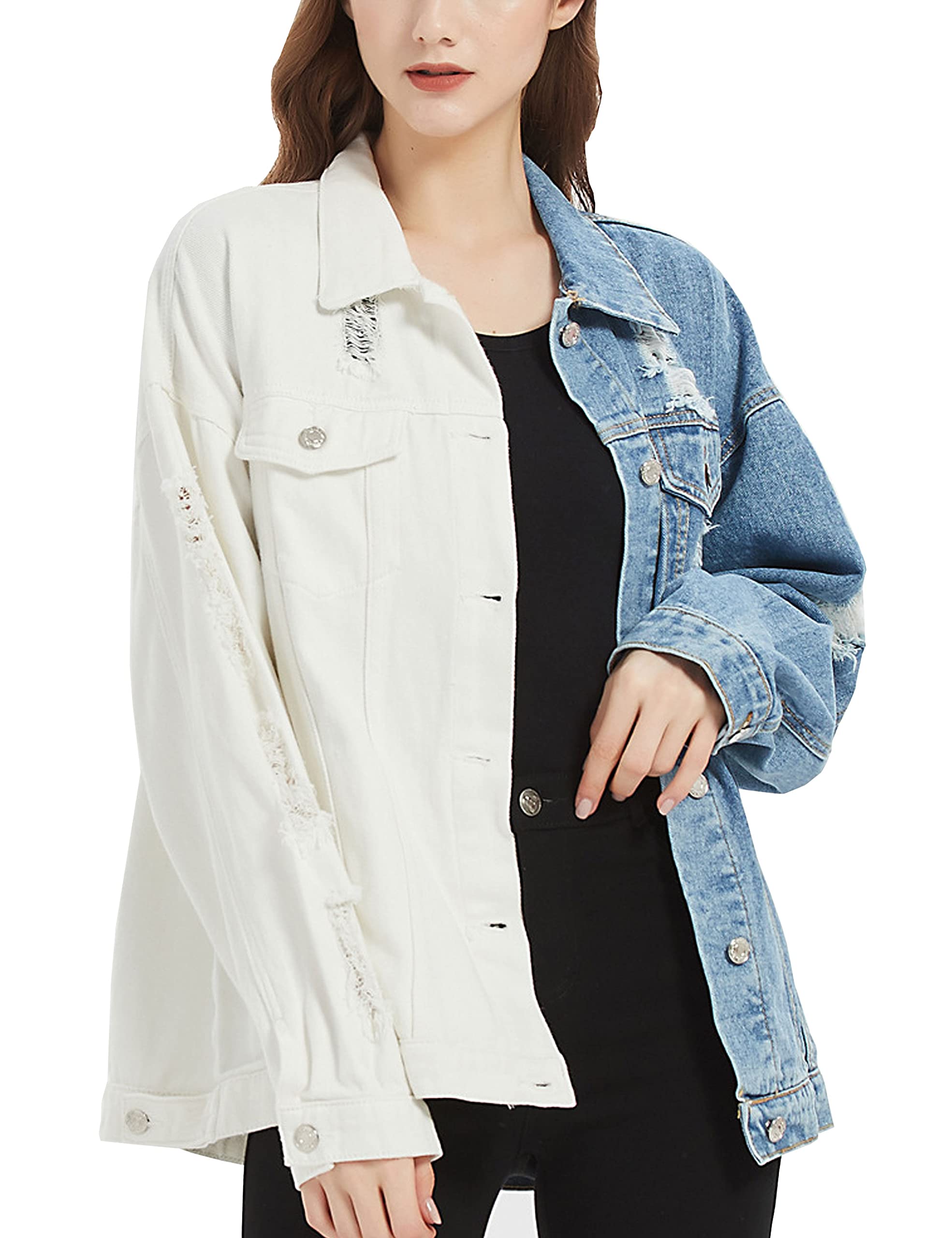 Lumister Women's Oversized Boyfriend Denim Jacket - Blue & White Patchwork Distressed Jean Jacket for Casual Streetwear & Spring Fashion