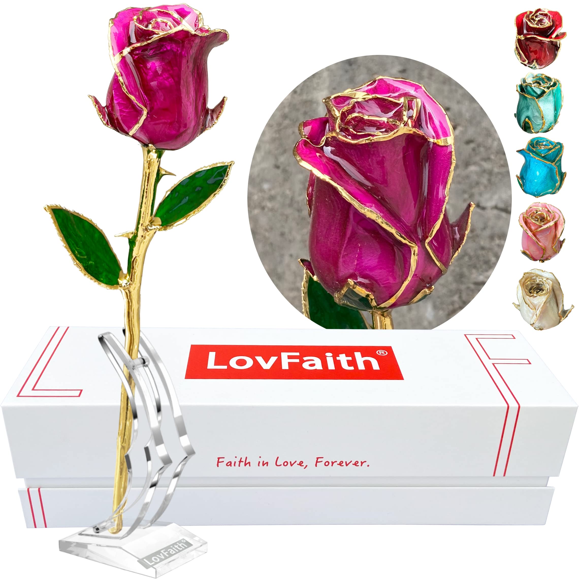 24K Gold Dipped Real Rose - Luxury Anniversary & Valentine's Day Gift for Her - Magenta Original Rose with Elegant Crescent Stand - Perfect for Romantic Surprises, Wedding Decor & Special Occasions