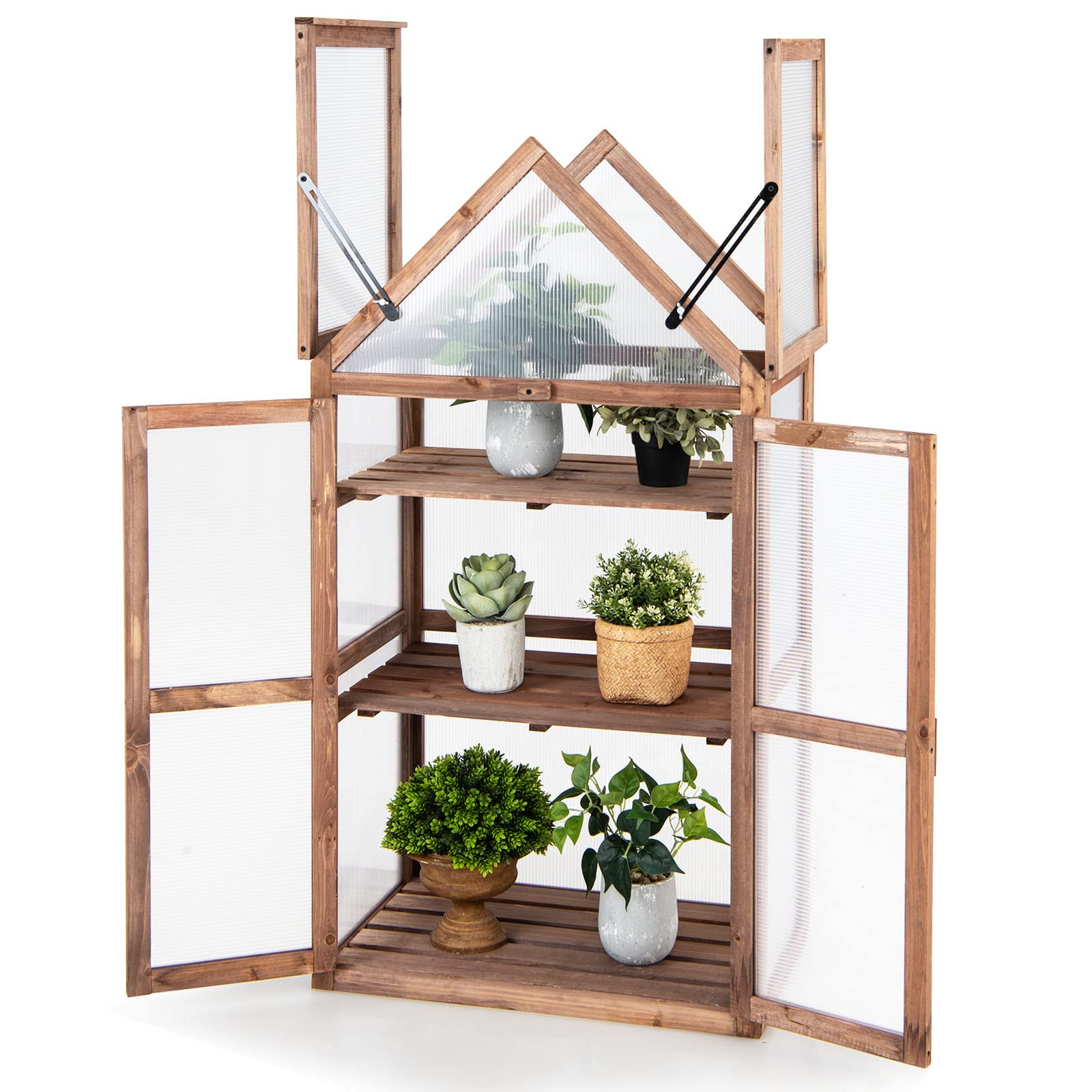 Giantex 3-Tier Portable Wooden Mini Greenhouse with Transparent Flip-Top Roof - Indoor Outdoor Garden Cold Frame, Raised Flower Planter for Patio, Balcony & Backyard - Perfect for Seed Starting, Plant Protection & Year-Round Gardening