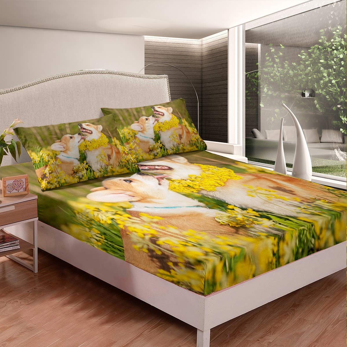 3D Dog Pattern Kids Bed Sheet Set - Twin XL Deep Pocket Fitted Sheet & Pillowcase (2-Piece) | Yellow Floral Design for Boys & Girls | Durable & Soft Friendship Collections | Perfect for Kids' Rooms, Sleepovers & Nursery Decor