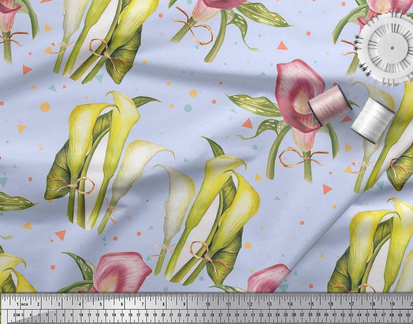 Soimoi Blue Polyester Crepe Fabric by The Yard - 42 Inch Wide - Triangle Leaves & Lily Flower Dream Print - Modern Pattern Fabric for Dresses, Blouses, Curtains & Home Decor