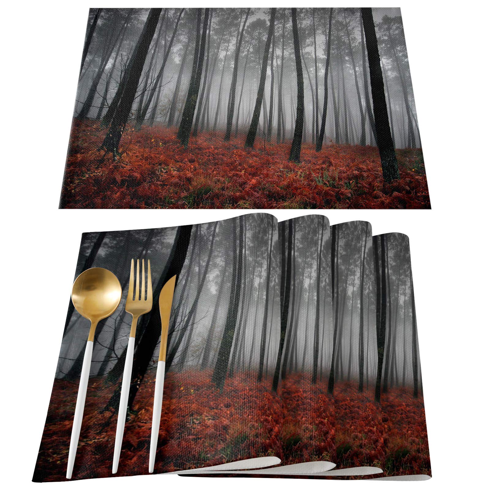 Spooky Red Maple Forest Placemats Set of 4 - Washable Modern Table Mats for Dining, Gray & Misty Scenery Design - Perfect for Home, Party, Wedding & Holiday Decor - Indoor & Outdoor Use