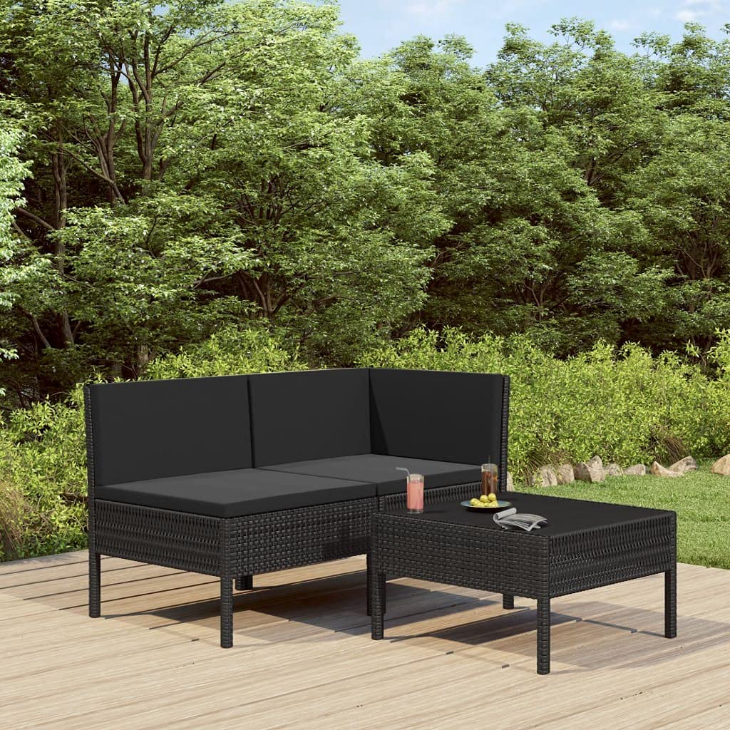 3-Piece Outdoor Rattan Patio Furniture Set - Wicker Chairs with Cushions for Garden, Backyard, Balcony, Porch & Poolside - Black Poly Rattan Conversation Set - Perfect for Relaxing, Entertaining & Outdoor Lounging