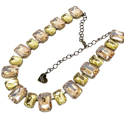 Vintage Light Silk & Yellow Rhinestone Crystal Necklace - Antique Brass Georgian Collet Choker - Elegant Jewelry Gift for Women | Perfect for Weddings, Parties, Anniversaries & Special Occasions | Great Gift Idea for Her | Elegant Evening Wear & Formal Events Accessory