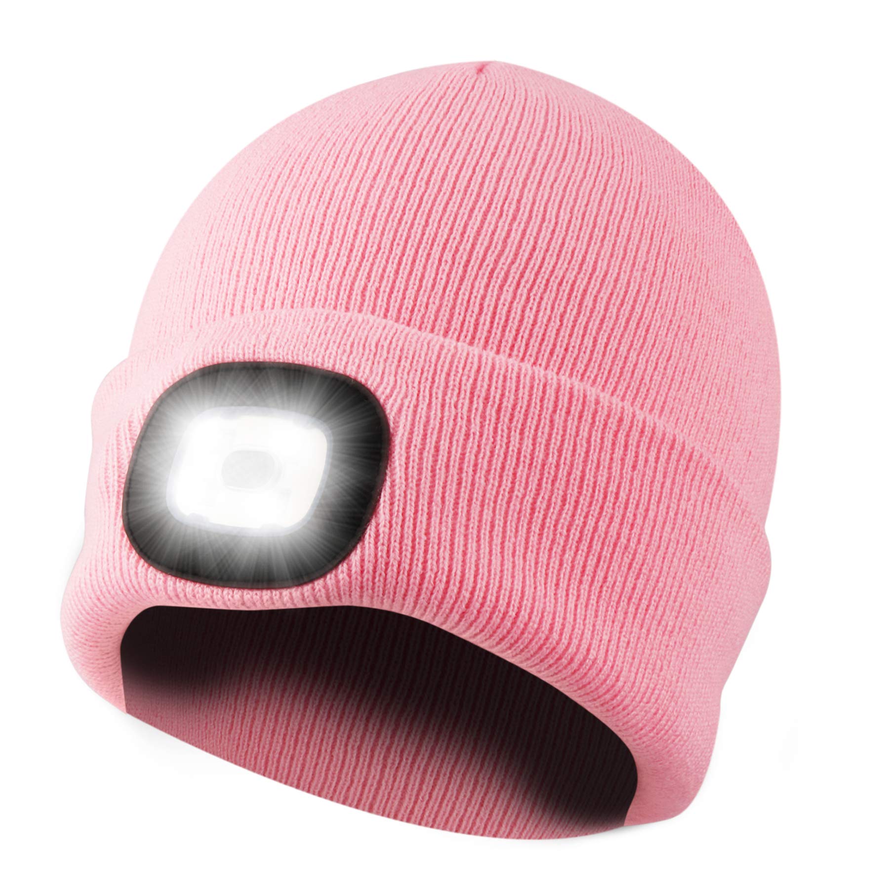 RIDEIWAKE Rechargeable LED Headlamp Beanie Hat - Winter Knit Cap with Built-in Light for Running, Hiking & Outdoor Activities | Perfect Christmas Gift for Women, Wife, Girlfriend, Daughter (Pink) | Great for Camping, Night Jogging & Emergency Use