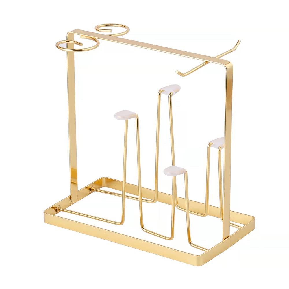 HOLPPO 8-Cup Metal Mug Holder & Bottle Drainer Rack - Gold Hanging Coffee Cup Tree Stand for Kitchen Countertop, Glass Display & Drying Organizer - Perfect for Home, Office, Cafe & Restaurant Use
