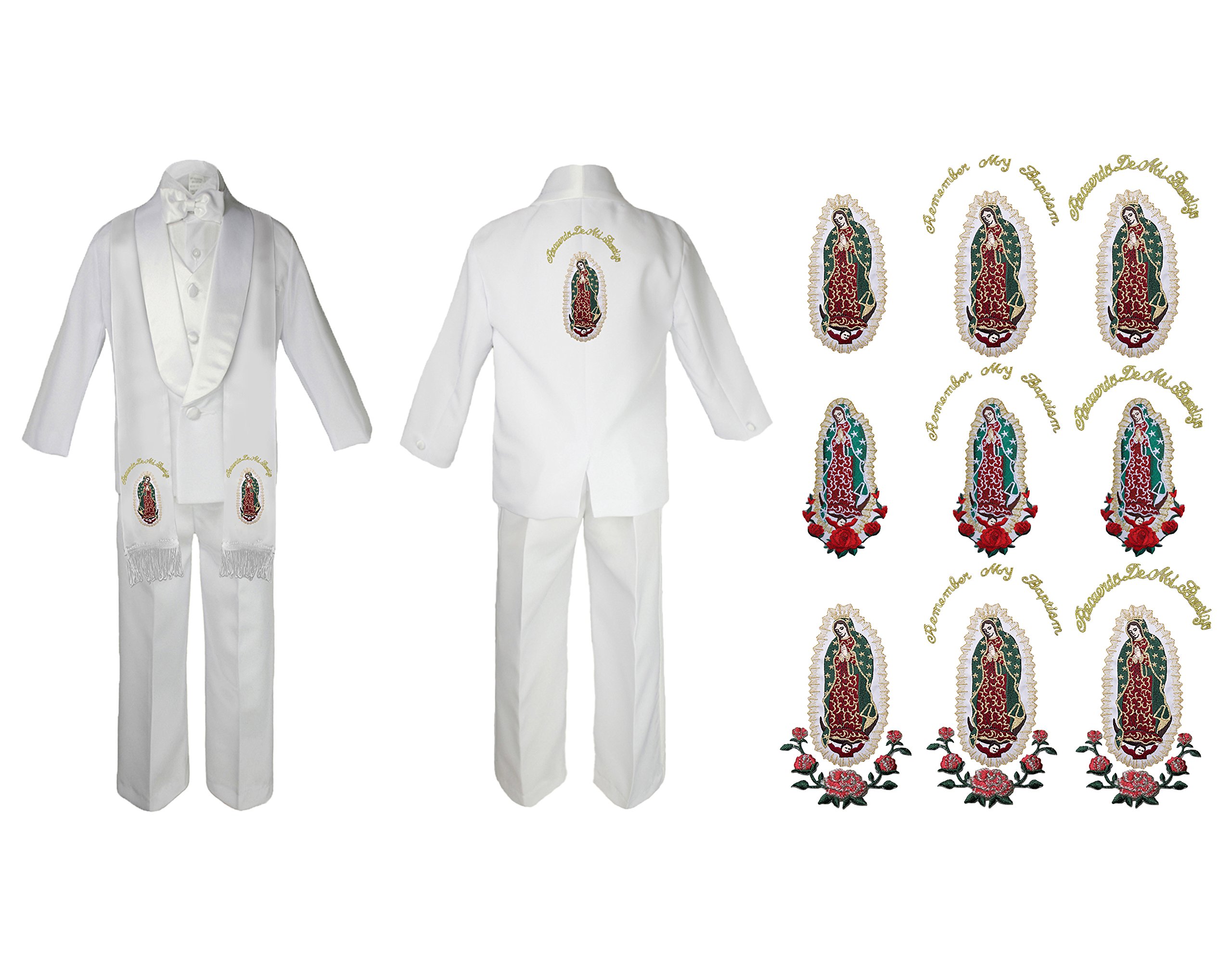 Baby Boy Baptism Formal Shawl Jacket Suit with Gold Guadalupe Embroidery on Stole & Back - Size SM-20 | Christening Outfit for First Communion, Church Ceremonies & Special Occasions