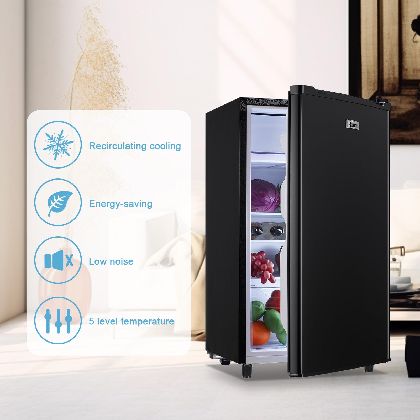 WANAI 3.2 Cu.Ft Mini Fridge with Freezer - Compact Single Door Refrigerator, 5 Temperature Settings, Energy Efficient, Black - Perfect for Dorm, Office, Bedroom, Apartment & Small Spaces