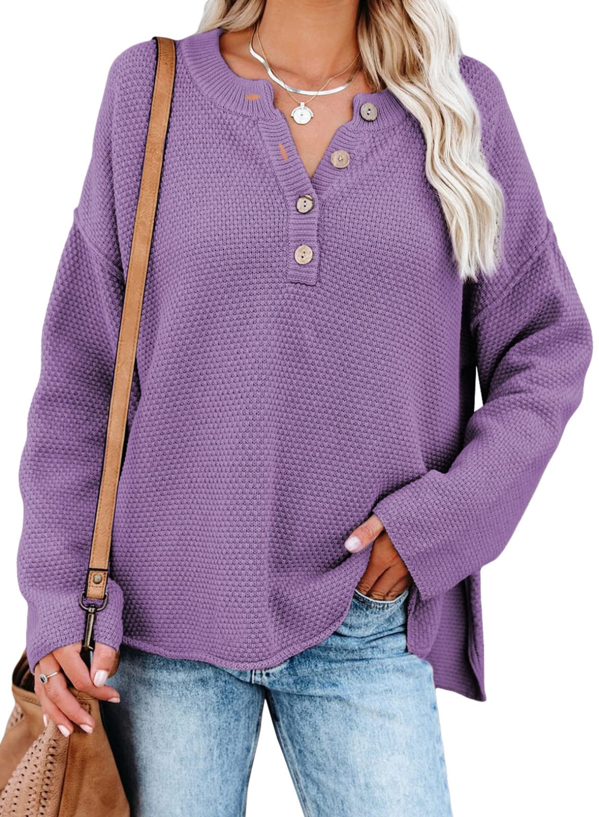 SHEWIN Women's Waffle Knit V-Neck Sweater - Casual Long Sleeve Button Henley Pullover Top with Side Slits | Perfect for Fall Layering, Office Wear & Coffee Dates