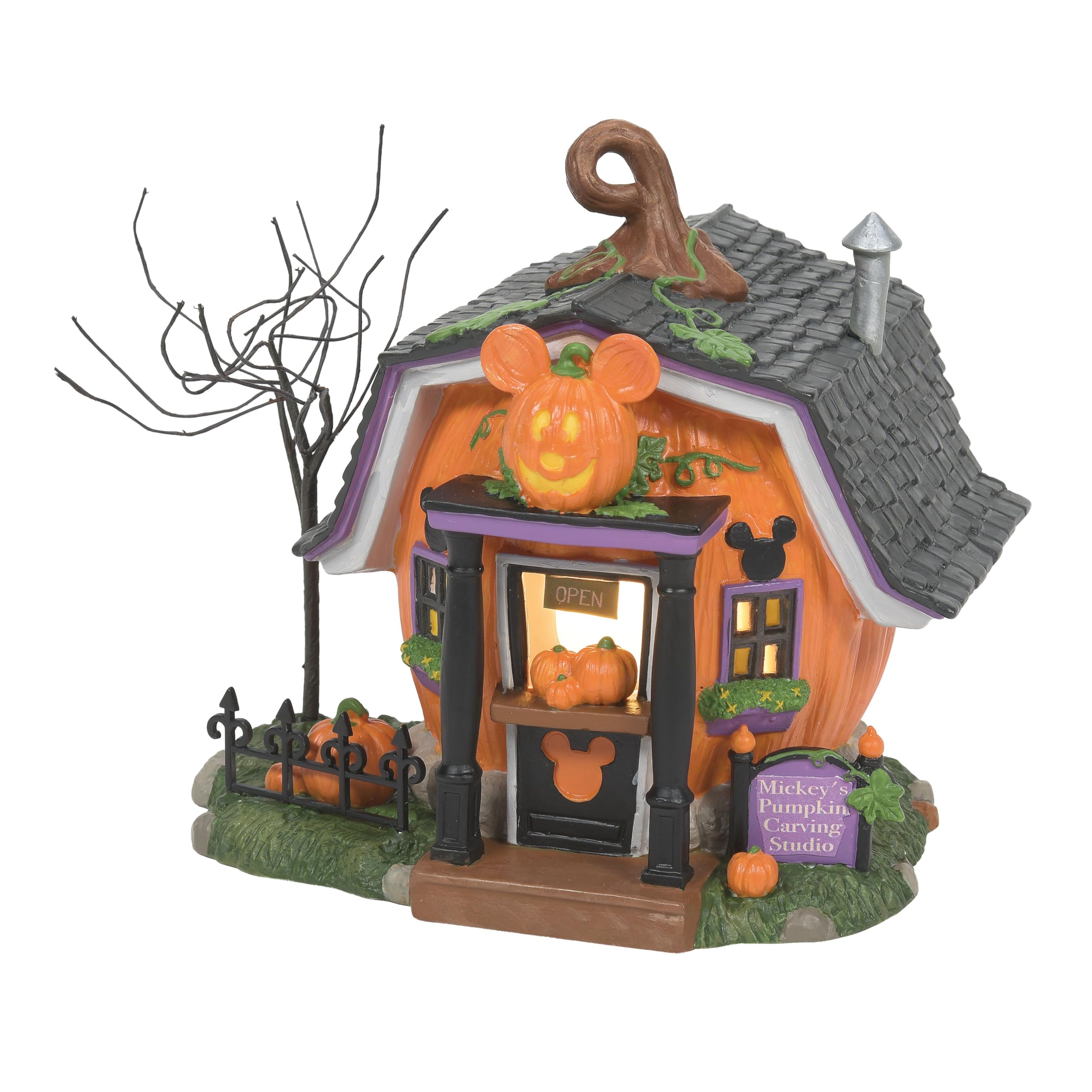 Department 56 Disney Village Halloween Pumpkintown Mickey Mouse Carving Studio Lit Building - 5.51 Inch Multicolor Collectible - Perfect for Disney Fans, Halloween Decor & Christmas Village Displays