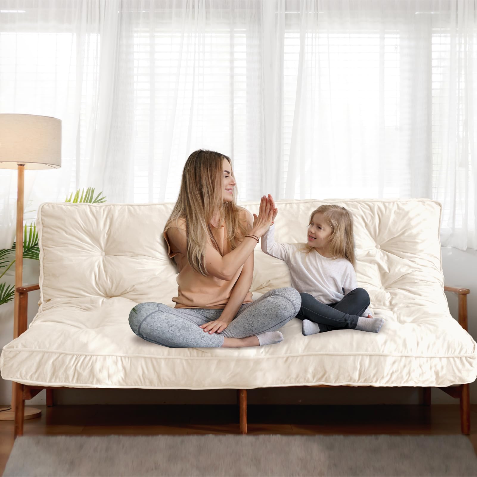 MAXYOYO 6-Inch Thick Velvet Futon Mattress for Sofa Couch Bed - Beige | Comfortable Sleeping & Lounging for Adults | Perfect for Guest Rooms, Small Apartments & Dorm Rooms