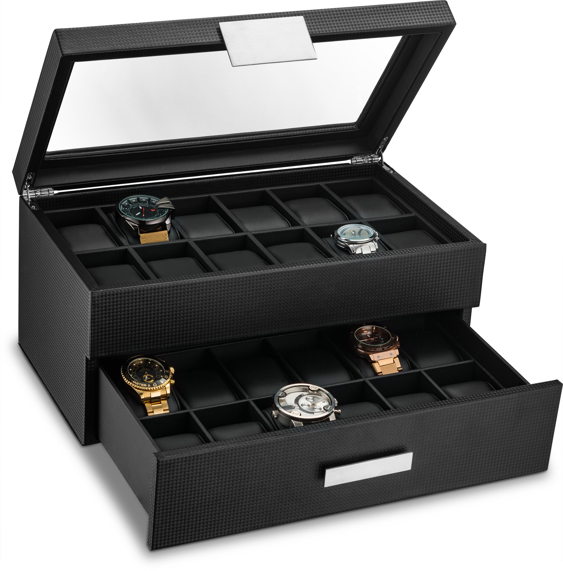 Premium 24-Slot Luxury Watch Box for Men - Carbon Fiber Design with Metal Buckle, Large Glass Top & Leather Pillows - Perfect for Watch Collectors, Jewelry Storage & Gift Giving - Ideal for Home, Office & Travel Organization