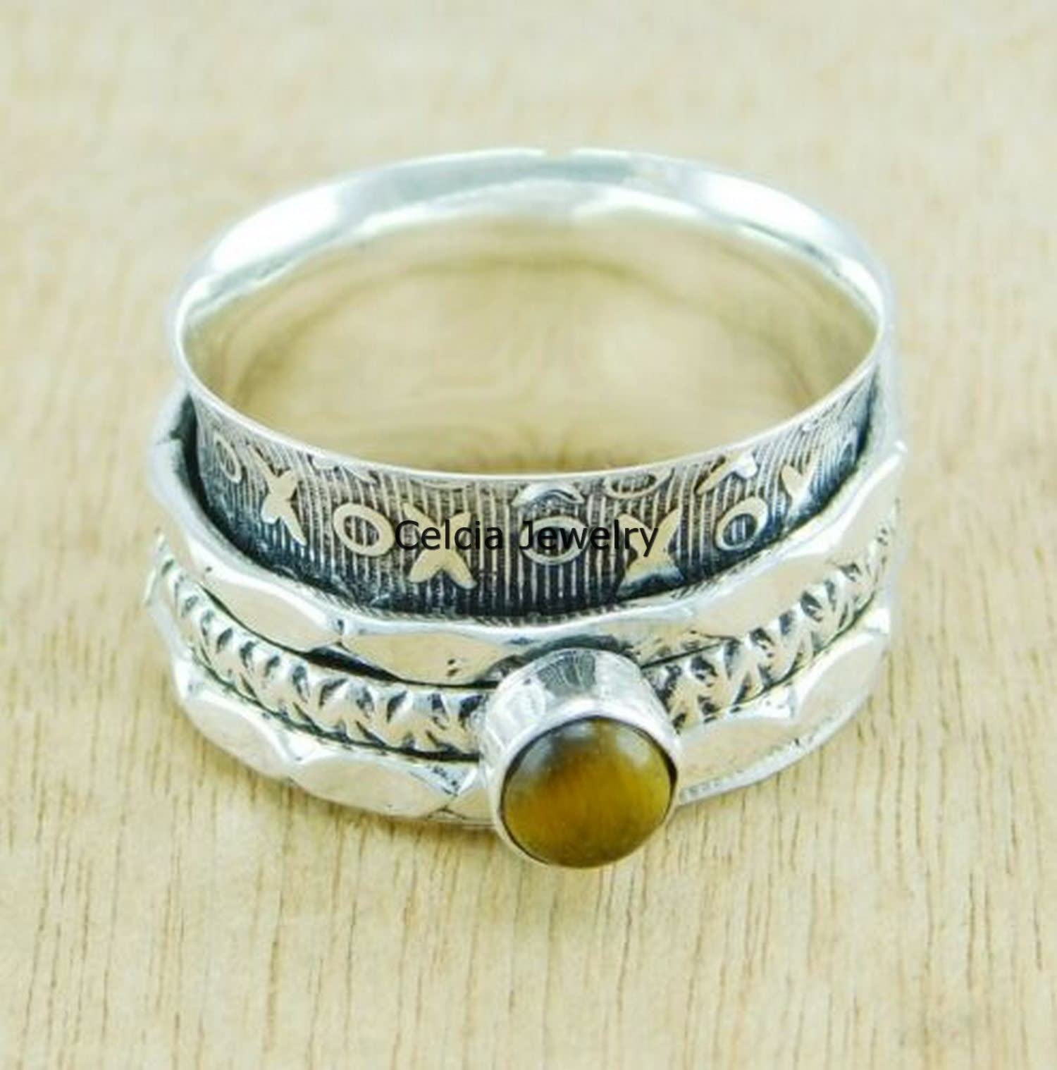 Genuine Tiger Eye Gemstone Handmade Sterling Silver Spinner Ring - 925 Silver Meditation & Anxiety Relief Jewelry for Men & Women - US Size 7 - Perfect for Stress Relief, Mindfulness Practice & Everyday Wear