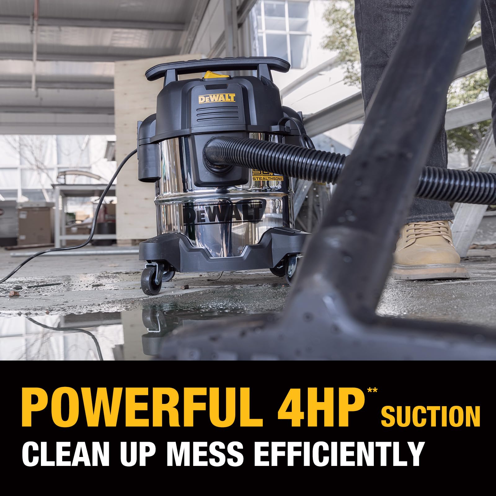 DEWALT 5 Gallon STEALTHSONIC Wet/Dry Shop Vacuum - Ultra Quiet 4 Peak HP Vacuum with Powerful Suction & Attachments - Portable for Home, Garage, Car, Workshop & Jobsite (DXV05S-QT) - Perfect for Cleaning Spills, Dust, Debris & Wet Messes