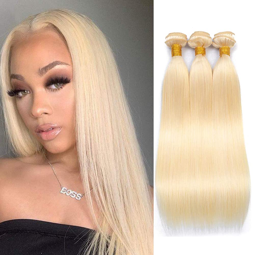 613 Blonde Human Hair Extensions 3 Bundles (24 26 28 Inch) 8A Brazilian Straight Virgin Remy Hair - Perfect for Daily Wear, Parties & Special Occasions