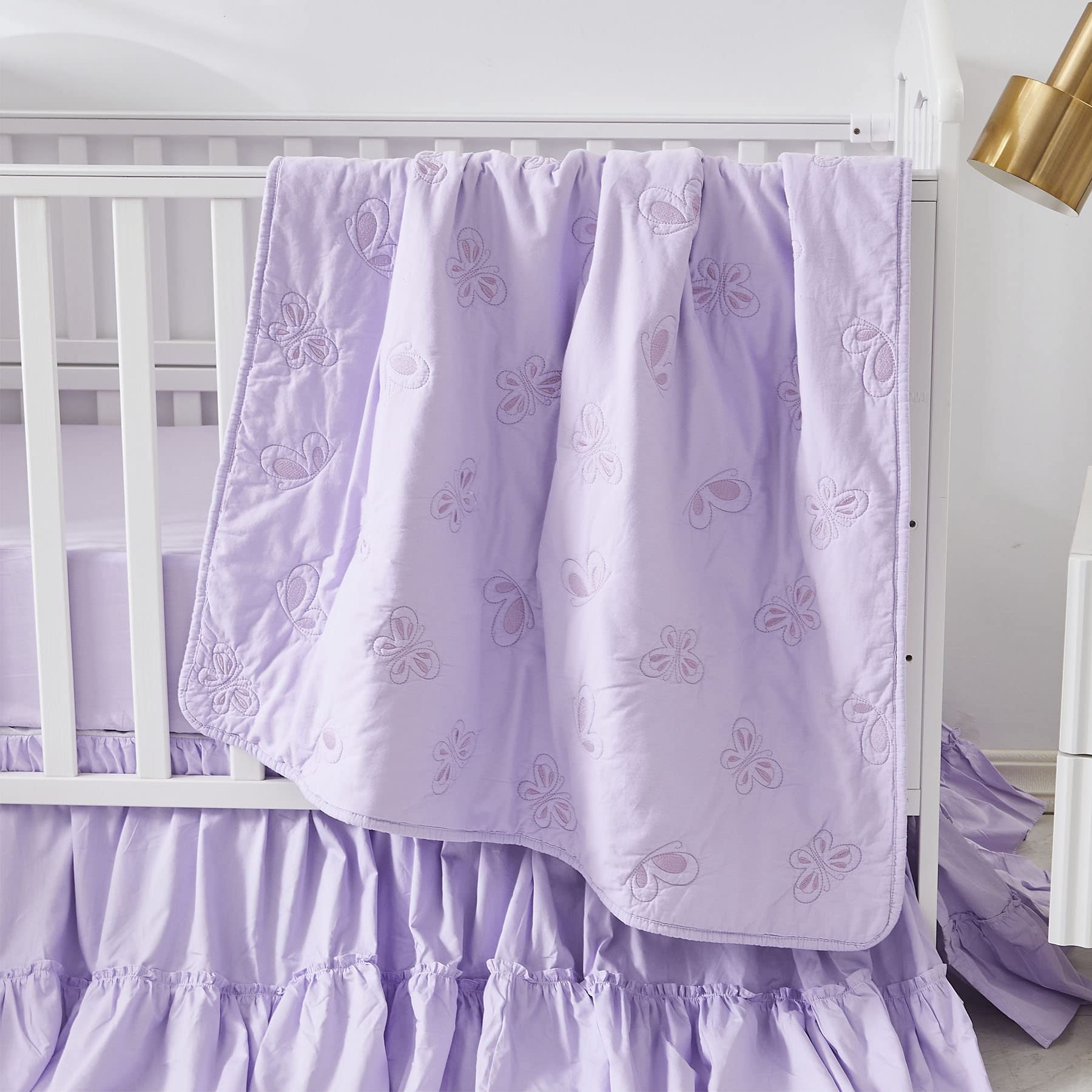 Brandream 3-Piece Purple Butterfly Baby Crib Bedding Set for Girls - Soft Embroidered Quilt, Fitted Sheet & Dust Ruffle | Nursery Decor, Newborn Gift, Toddler Bedding Essentials